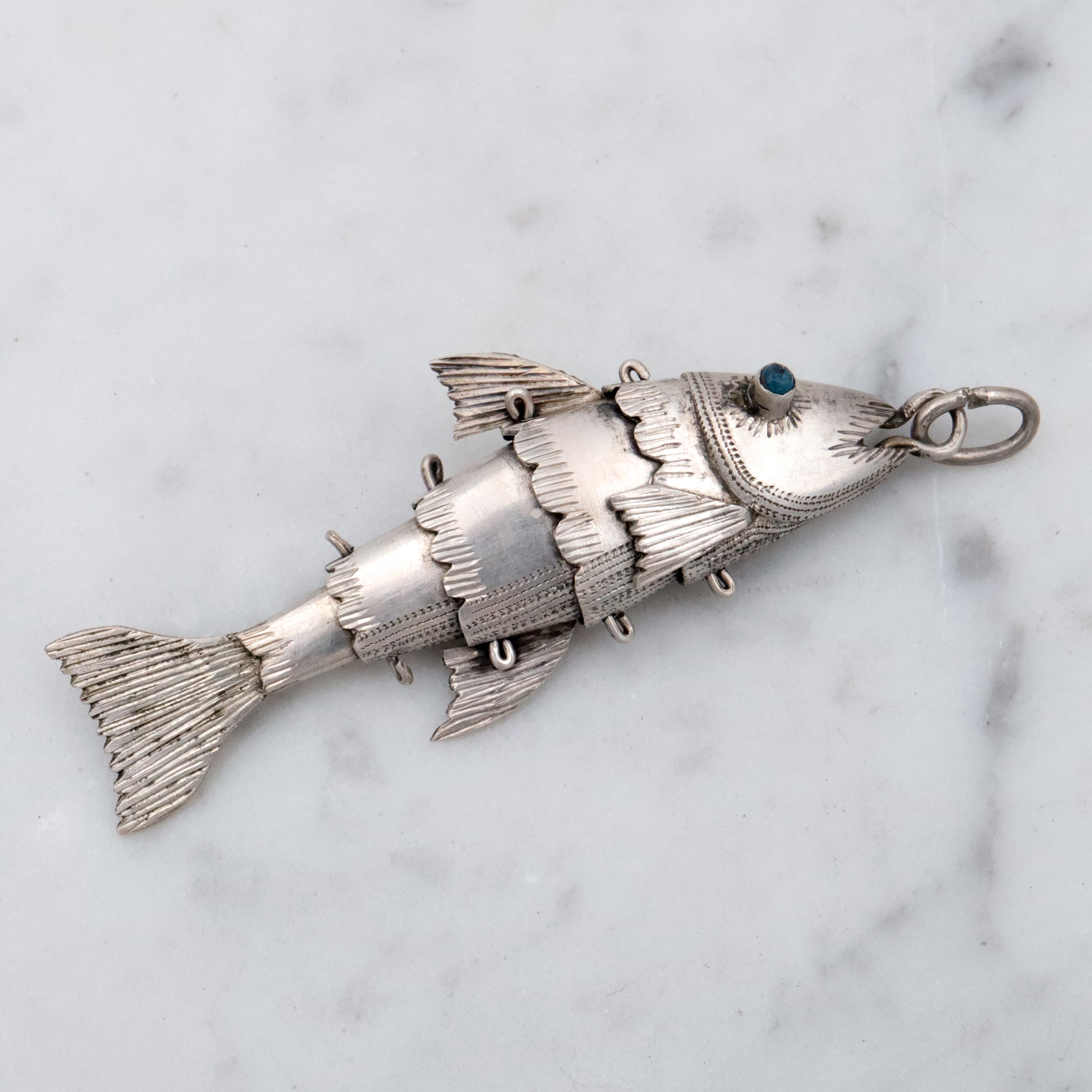 Antique handmade silver articulated fish pendant