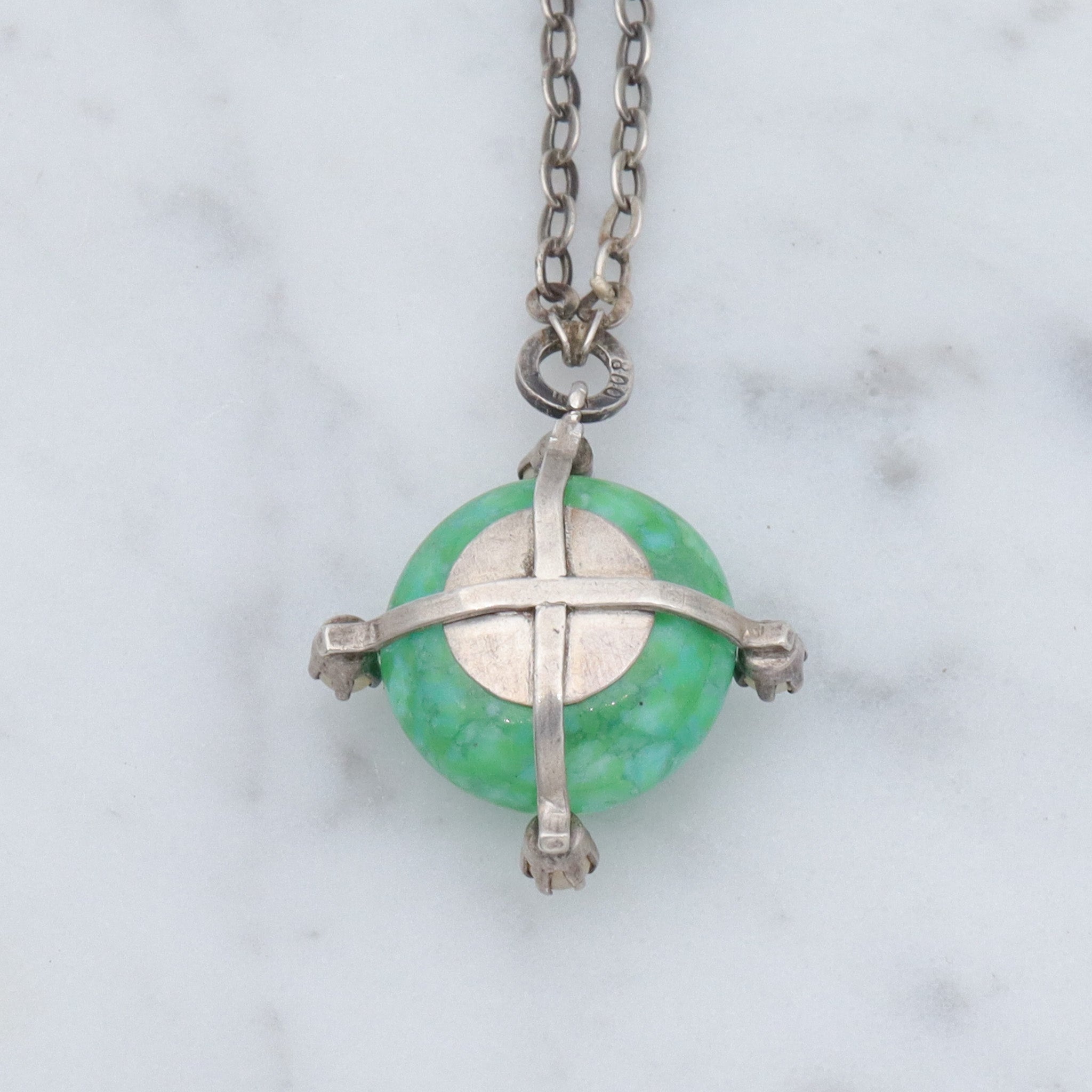 Antique hand blown glass & faux pearl sterling pendant choker necklace