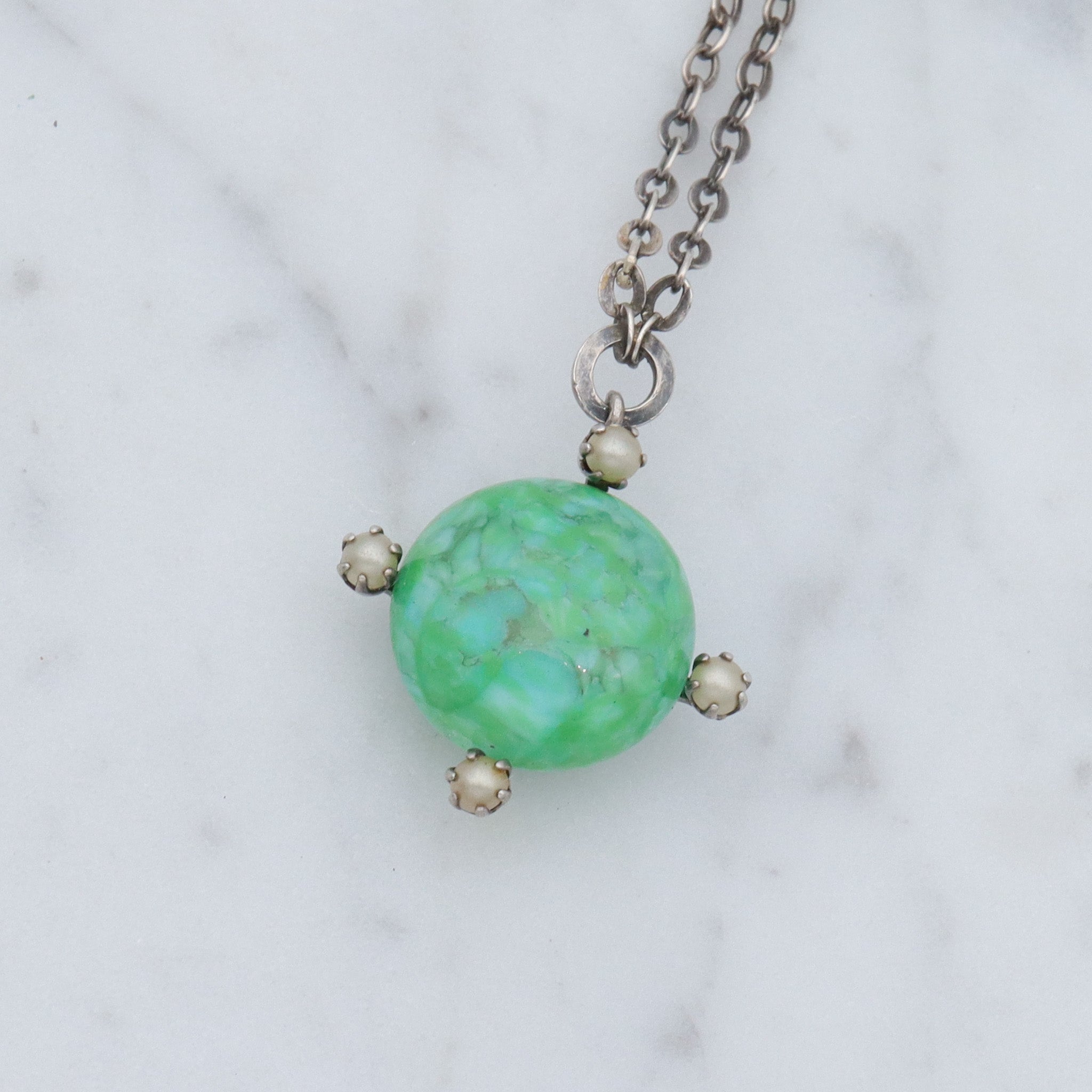 Antique hand blown glass & faux pearl sterling pendant choker necklace