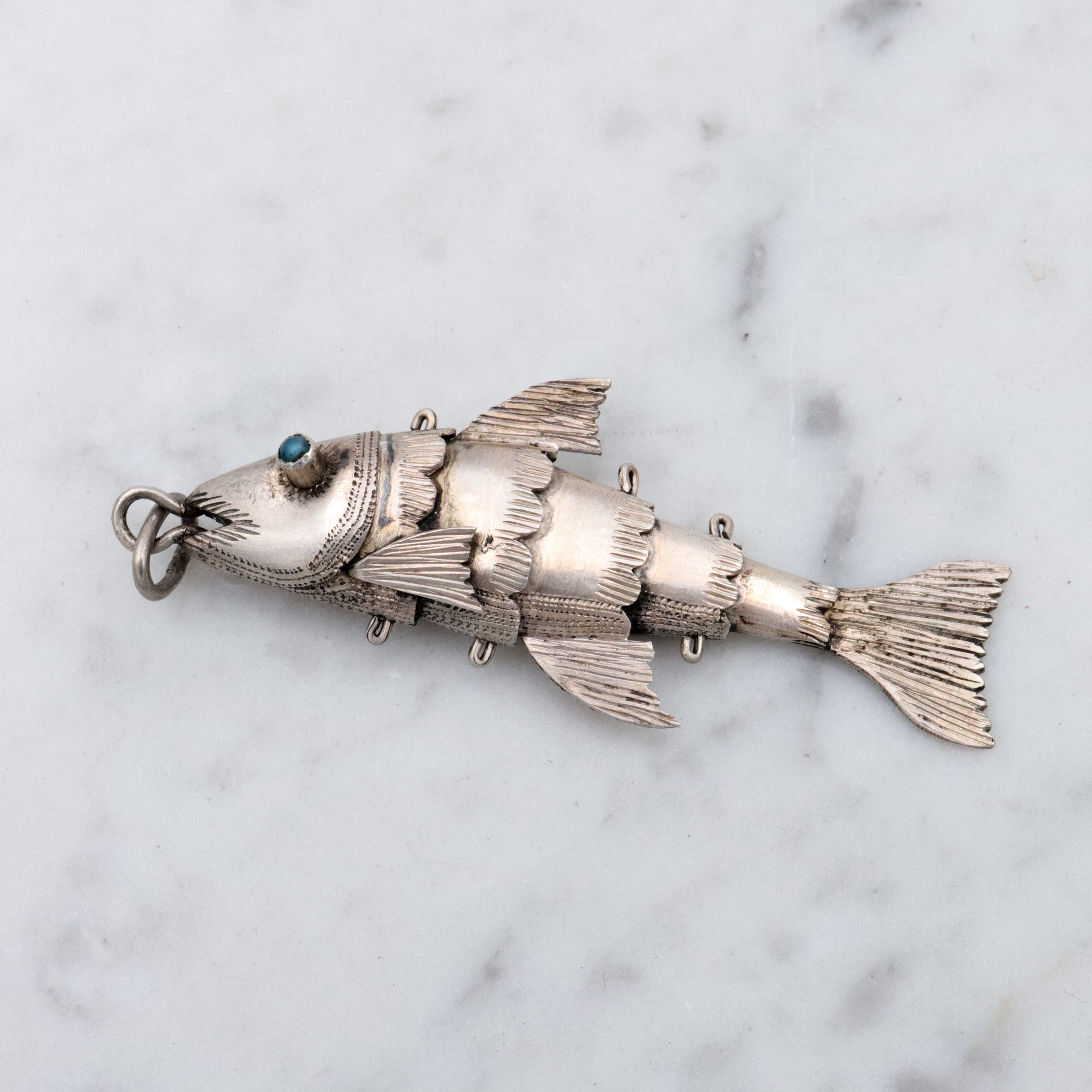 Antique handmade silver articulated fish pendant