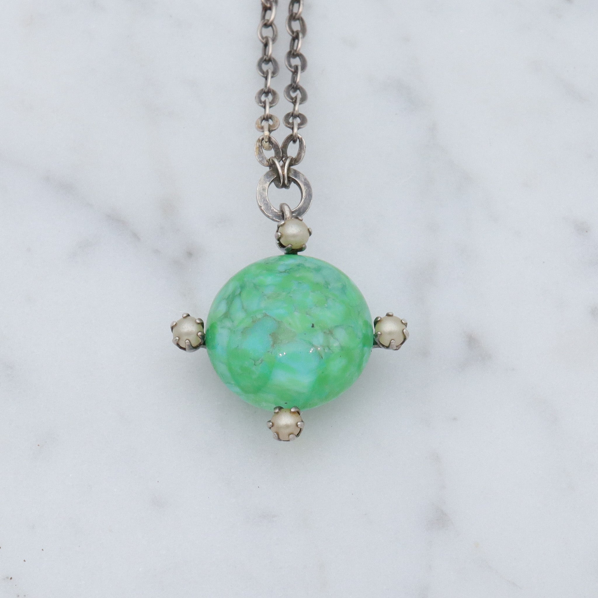 Antique hand blown glass & faux pearl sterling pendant choker necklace