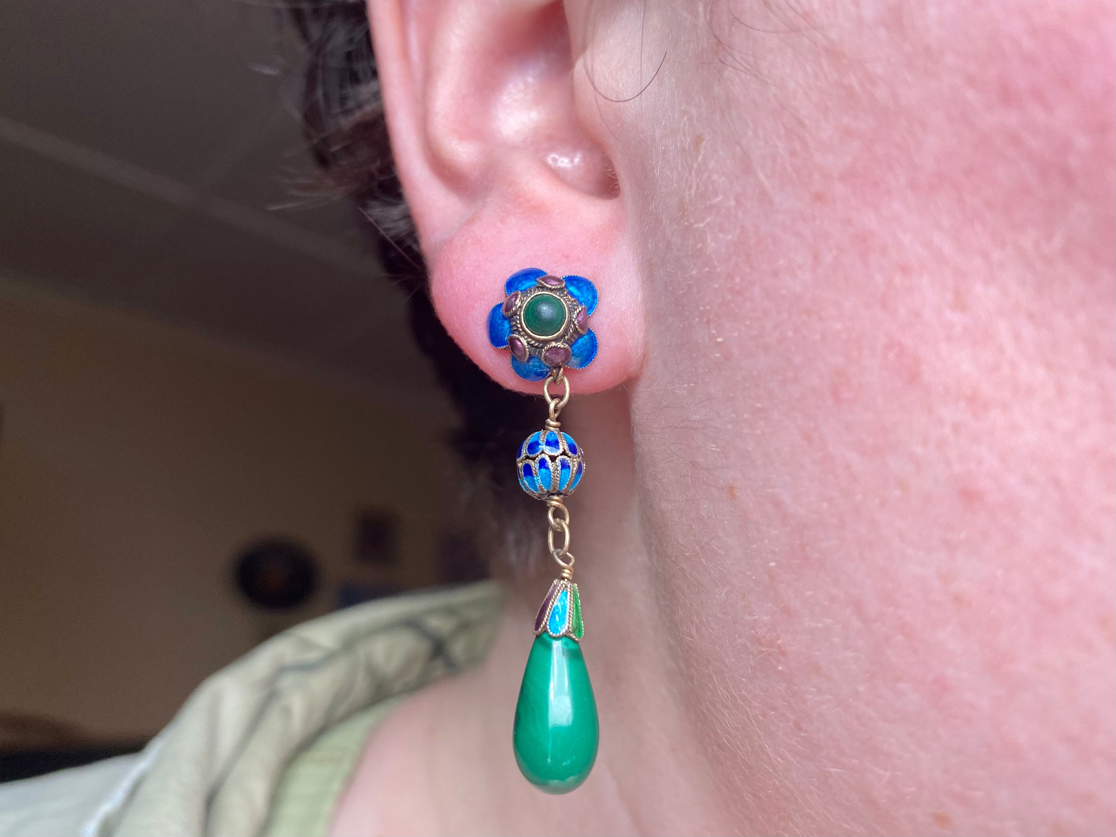 Vintage gilt sterling and Chinese cloisonné enamel malachite drop earrings