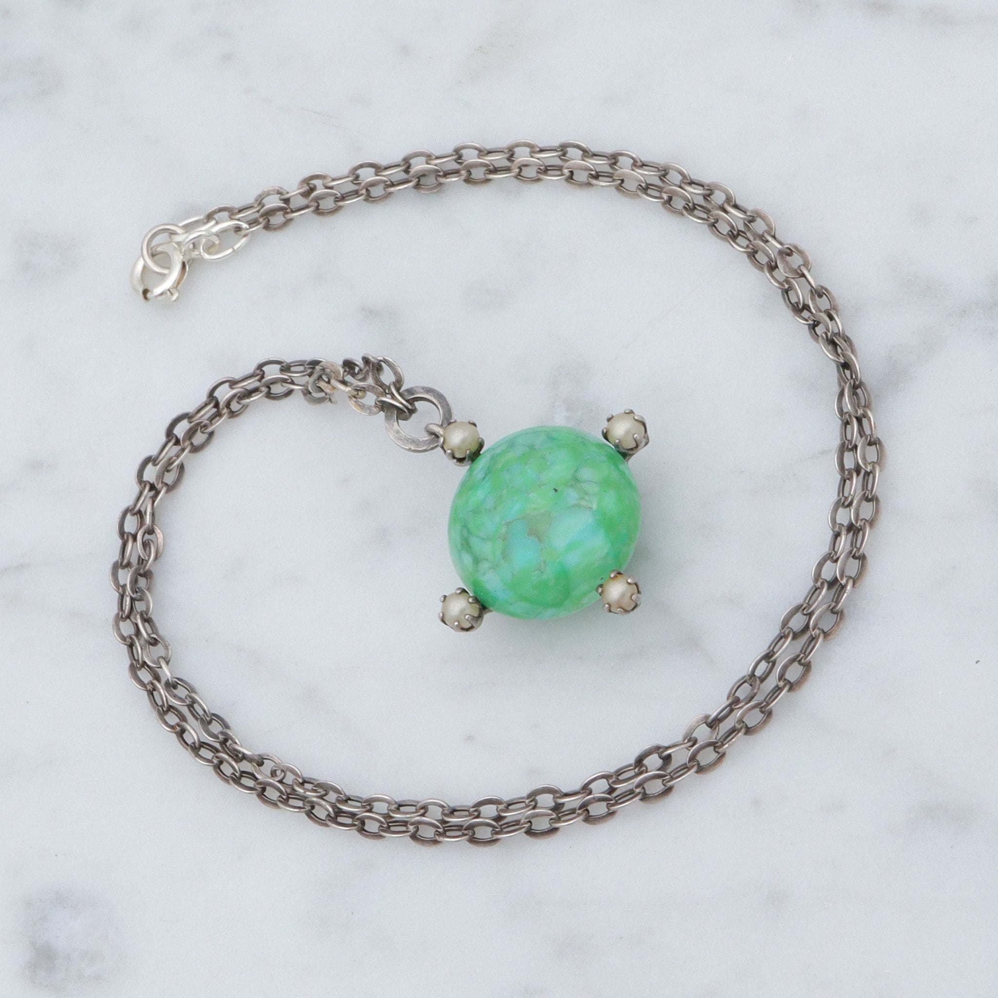 Antique hand blown glass & faux pearl sterling pendant choker necklace