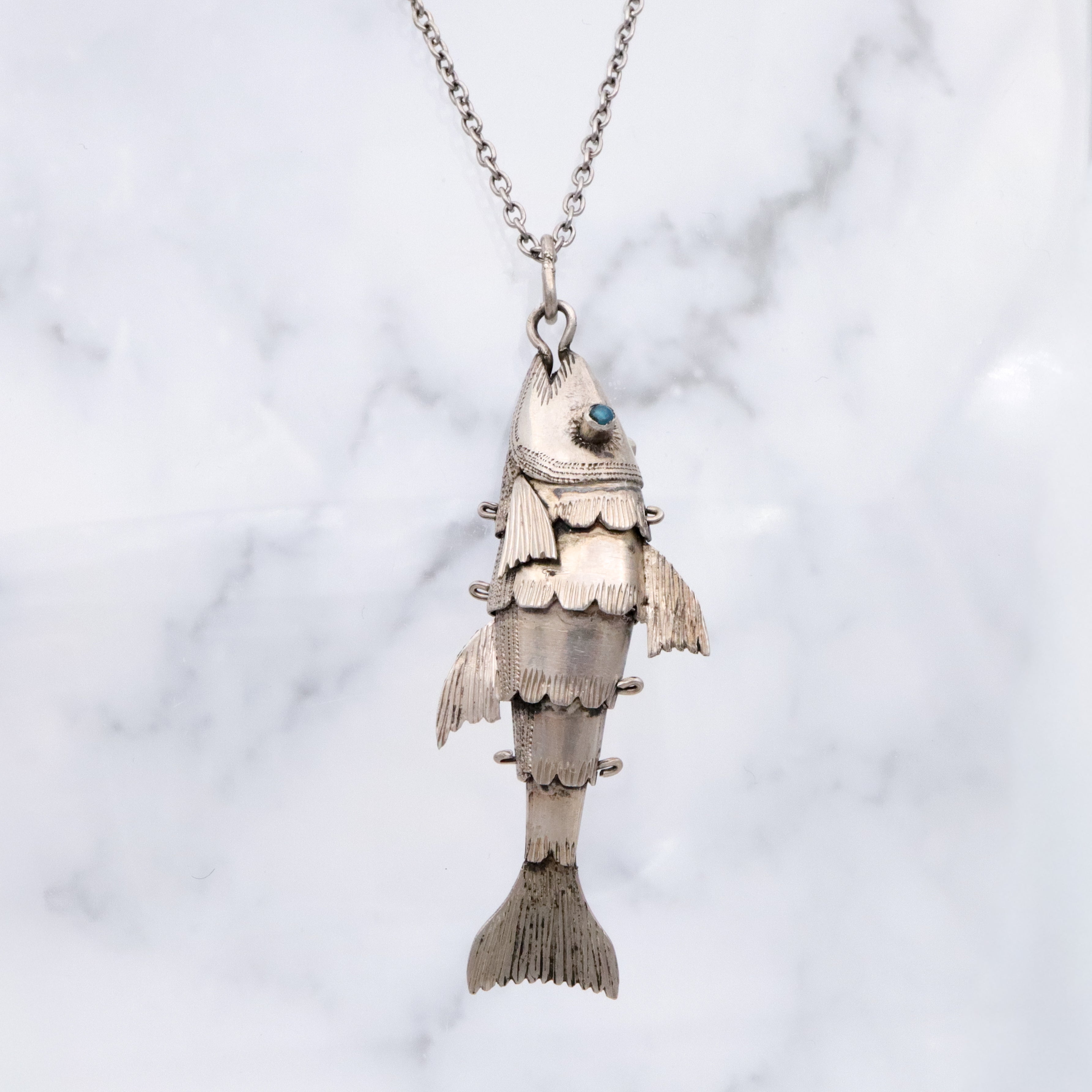 Antique handmade silver articulated fish pendant