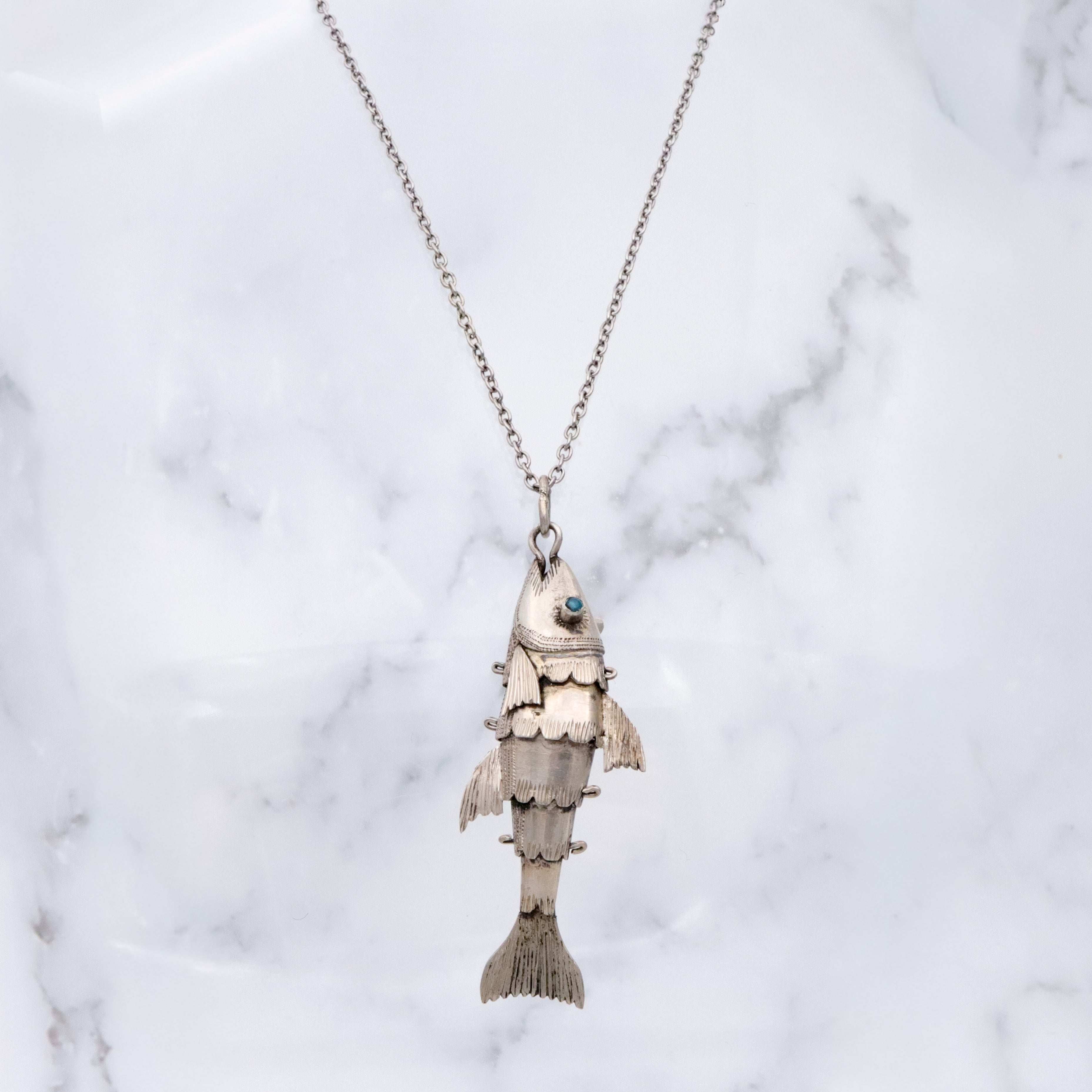 Antique handmade silver articulated fish pendant