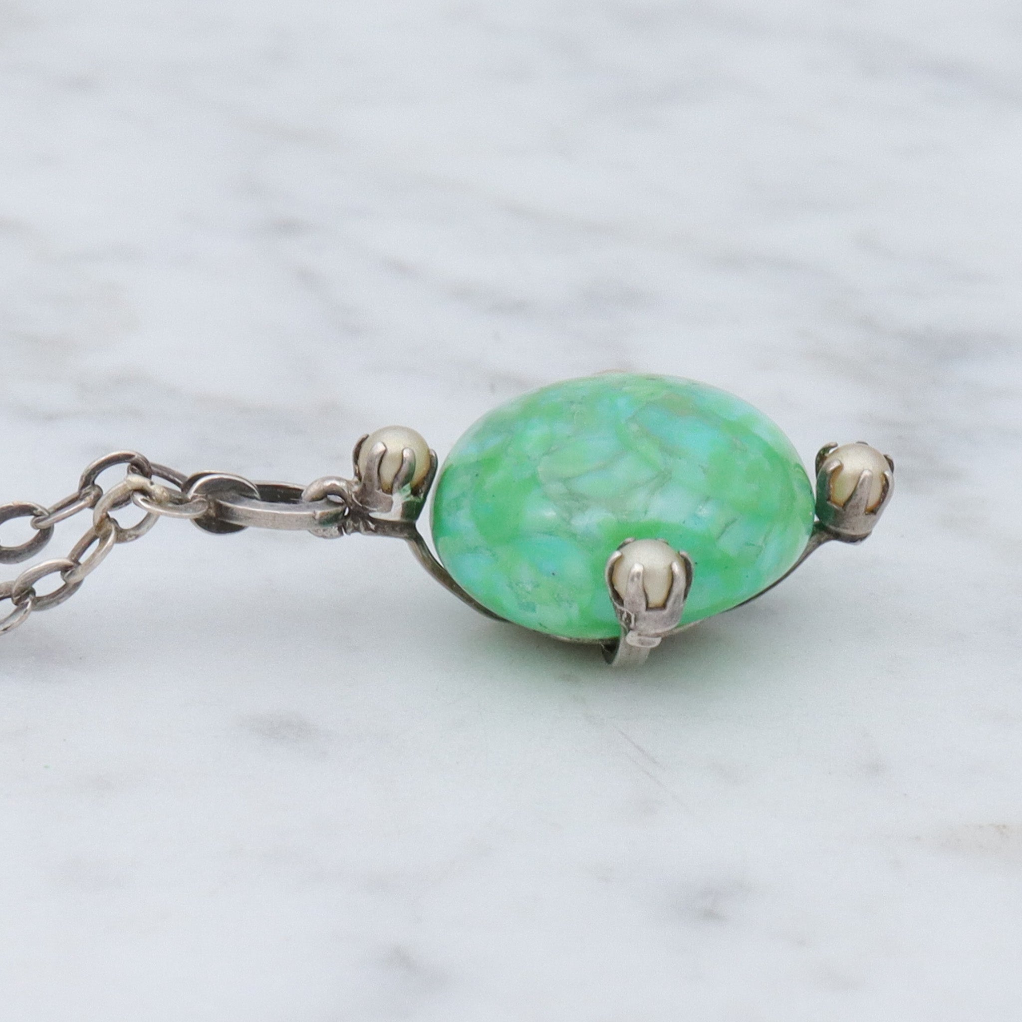 Antique hand blown glass & faux pearl sterling pendant choker necklace