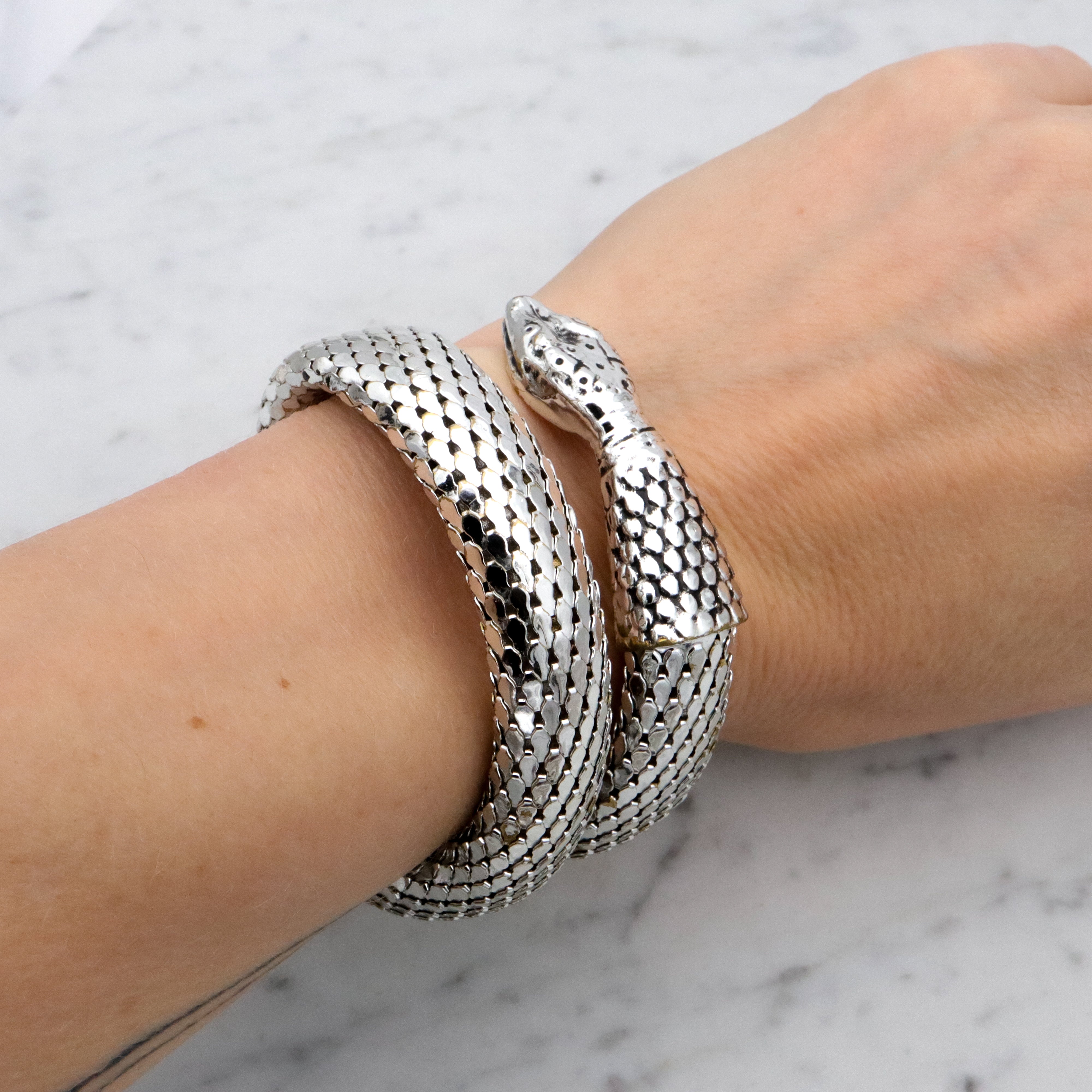 Mid Century vintage Whiting & Davis silver tone thick snake wrap bracelet