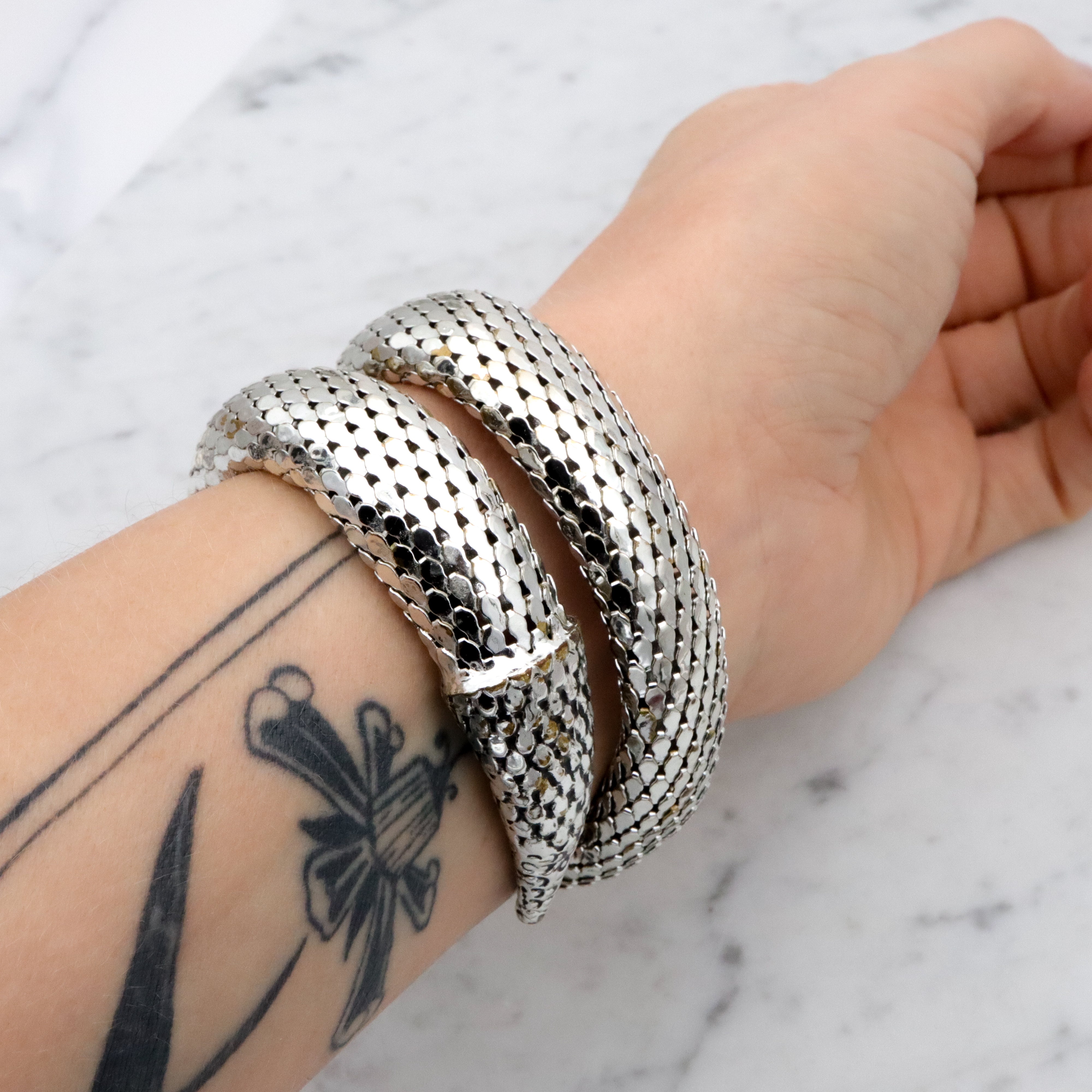 Mid Century vintage Whiting & Davis silver tone thick snake wrap bracelet
