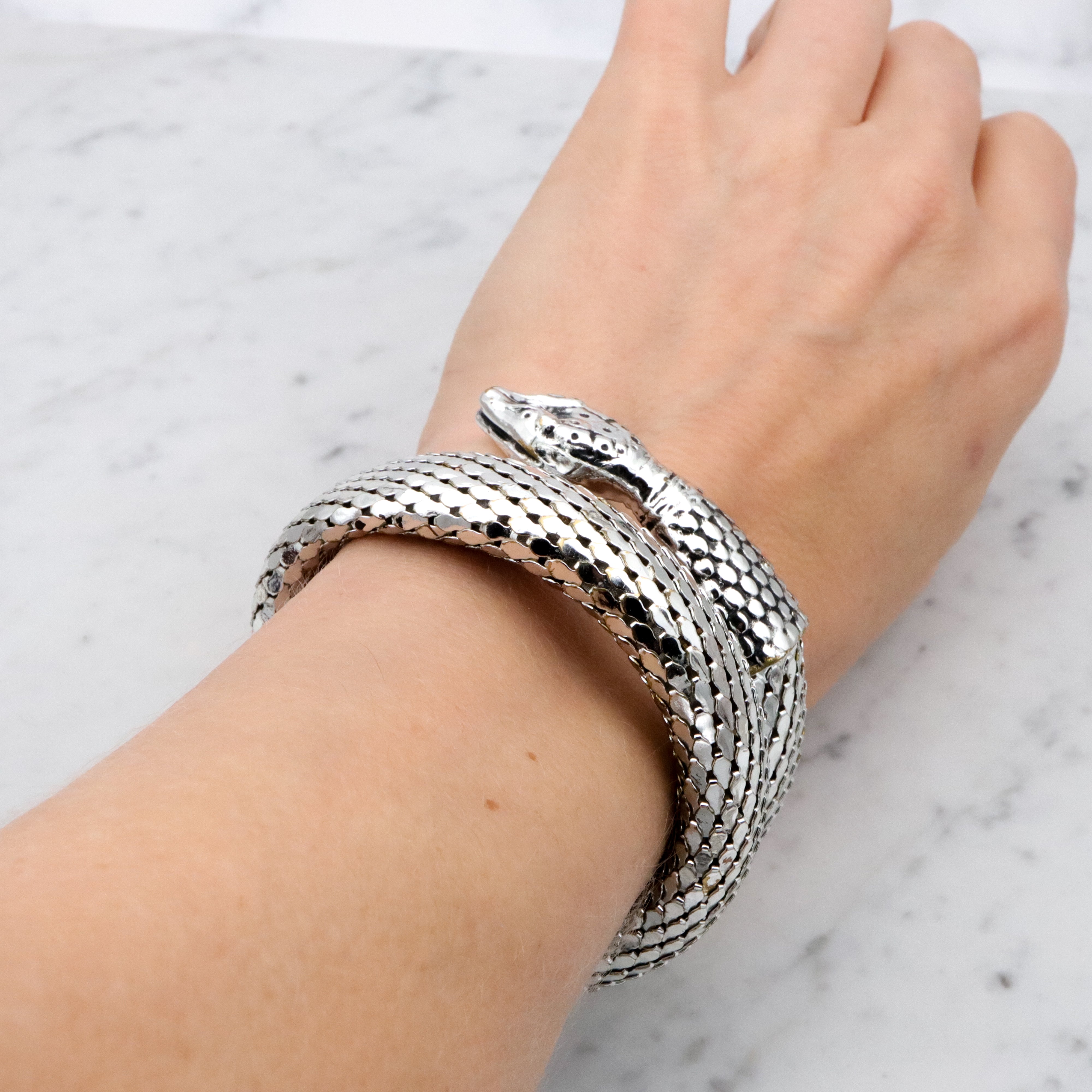 Mid Century vintage Whiting & Davis silver tone thick snake wrap bracelet