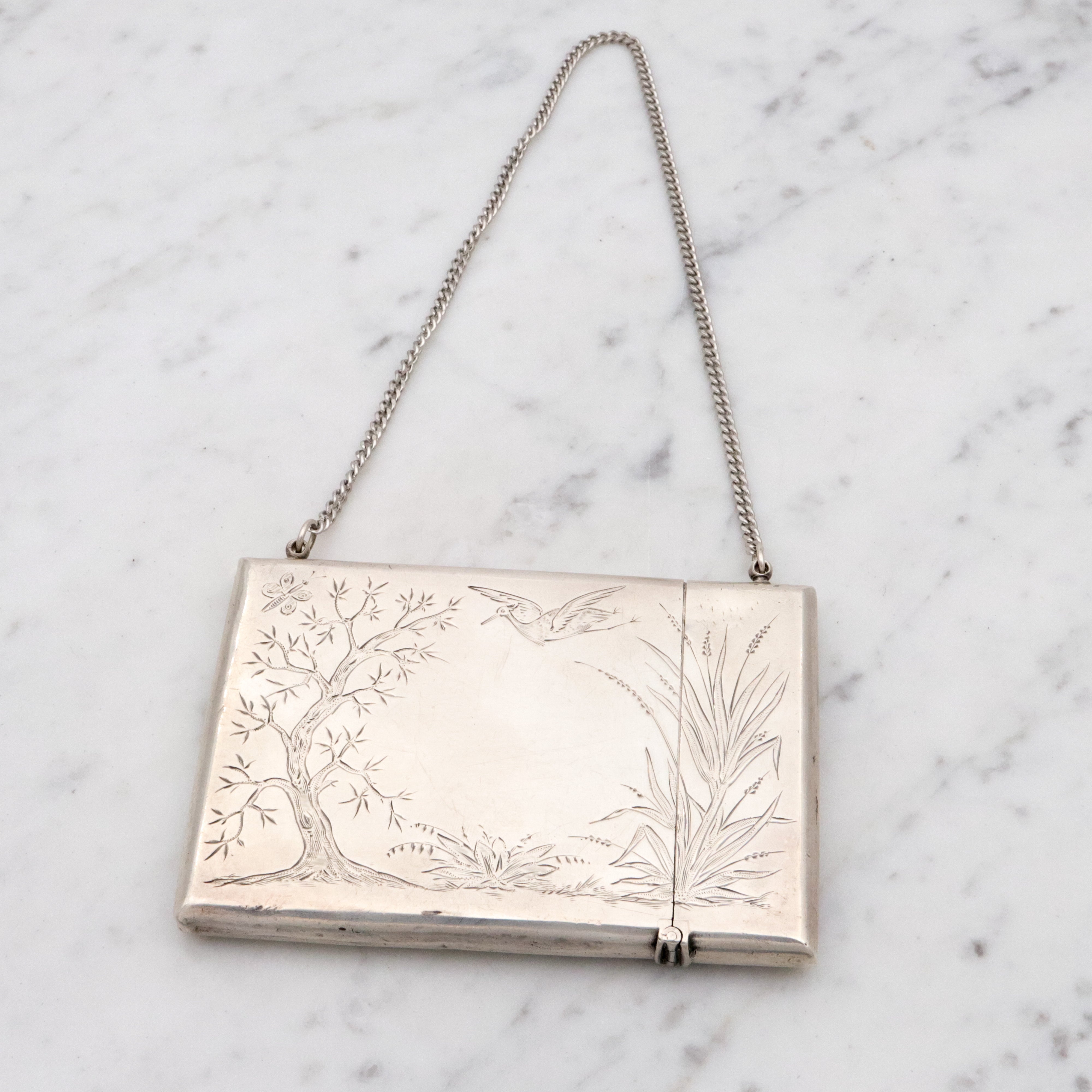 Antique Victorian Gorham sterling Aesthetic Movement engraved card case purse with chain