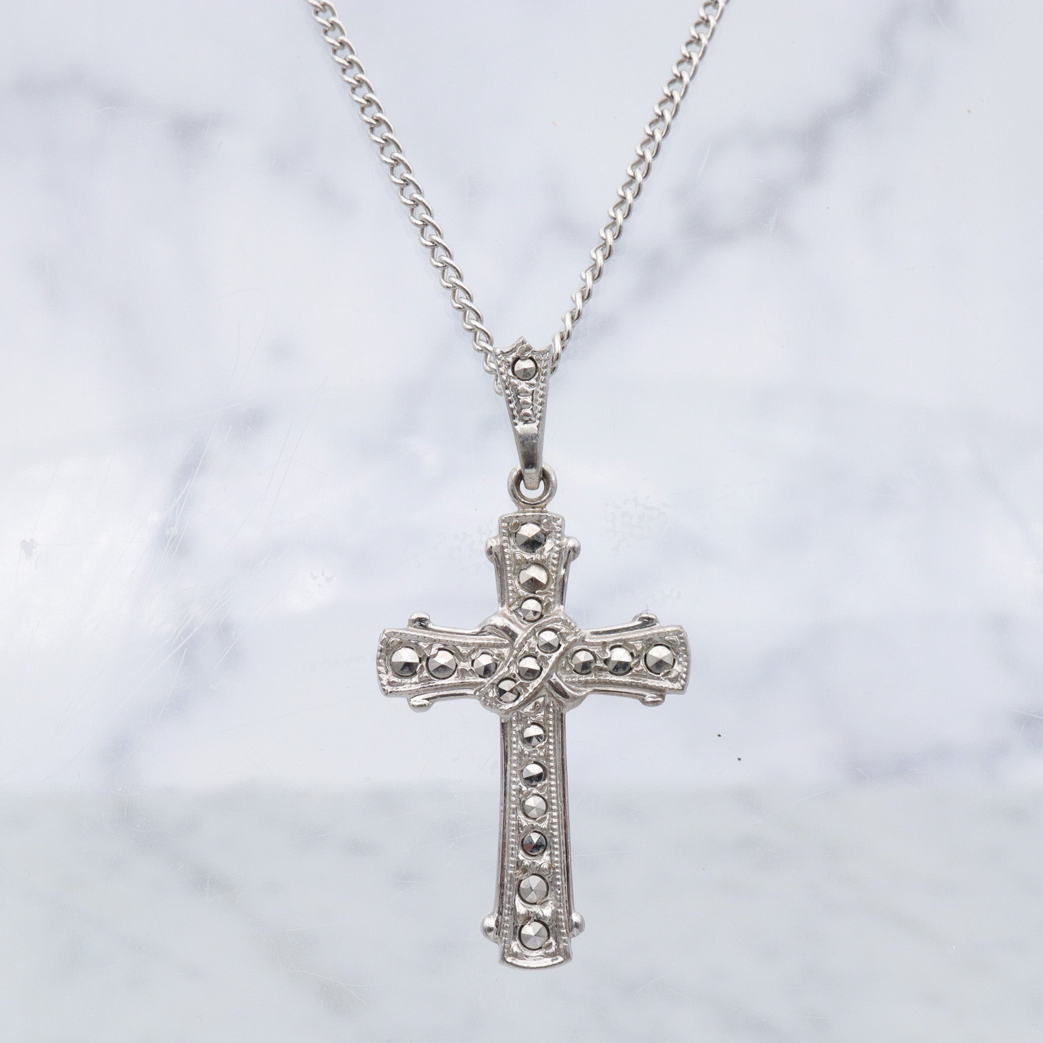Antique Art Deco Theda sterling & marcasite cross pendant