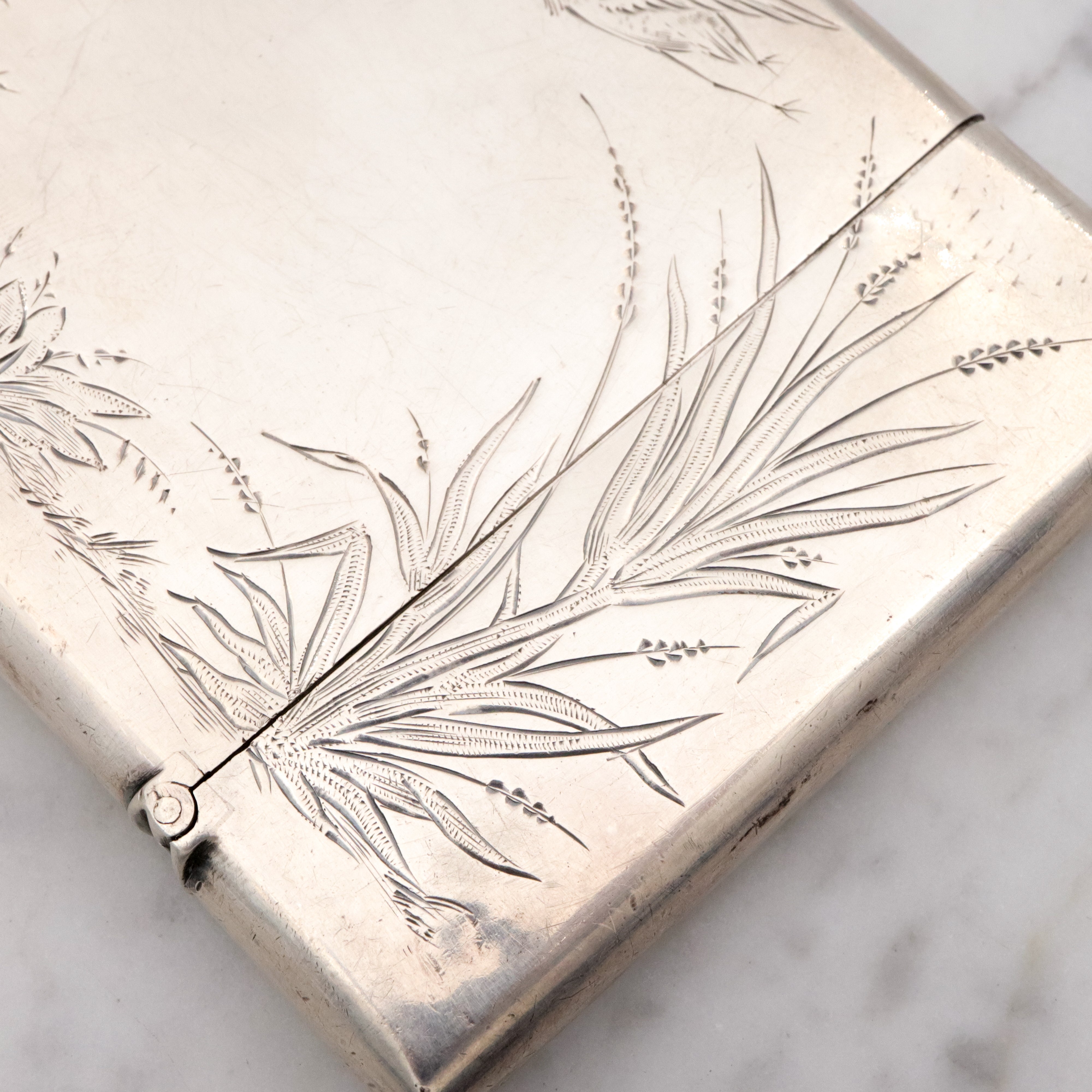 Antique Victorian Gorham sterling Aesthetic Movement engraved card case purse with chain