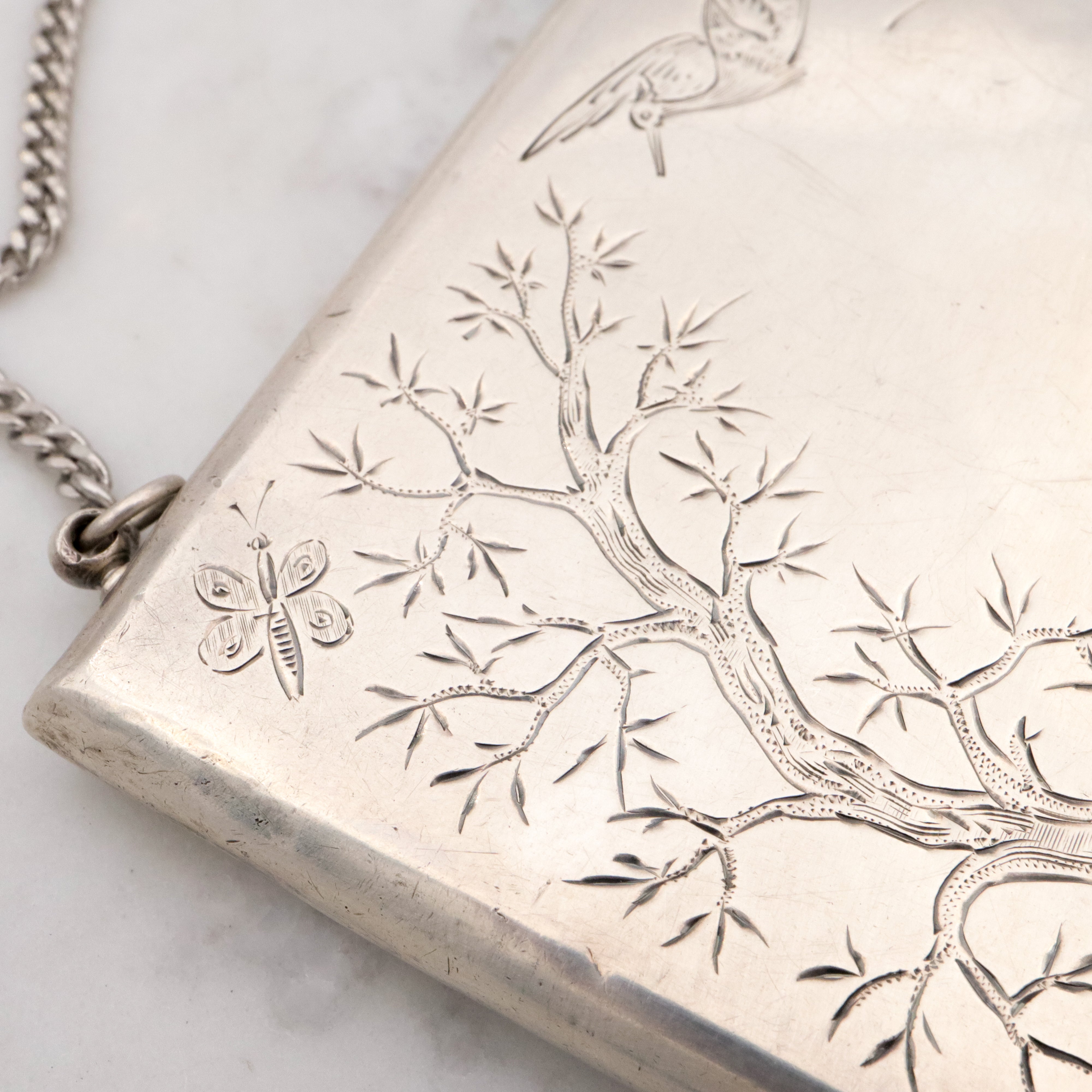 Antique Victorian Gorham sterling Aesthetic Movement engraved card case purse with chain