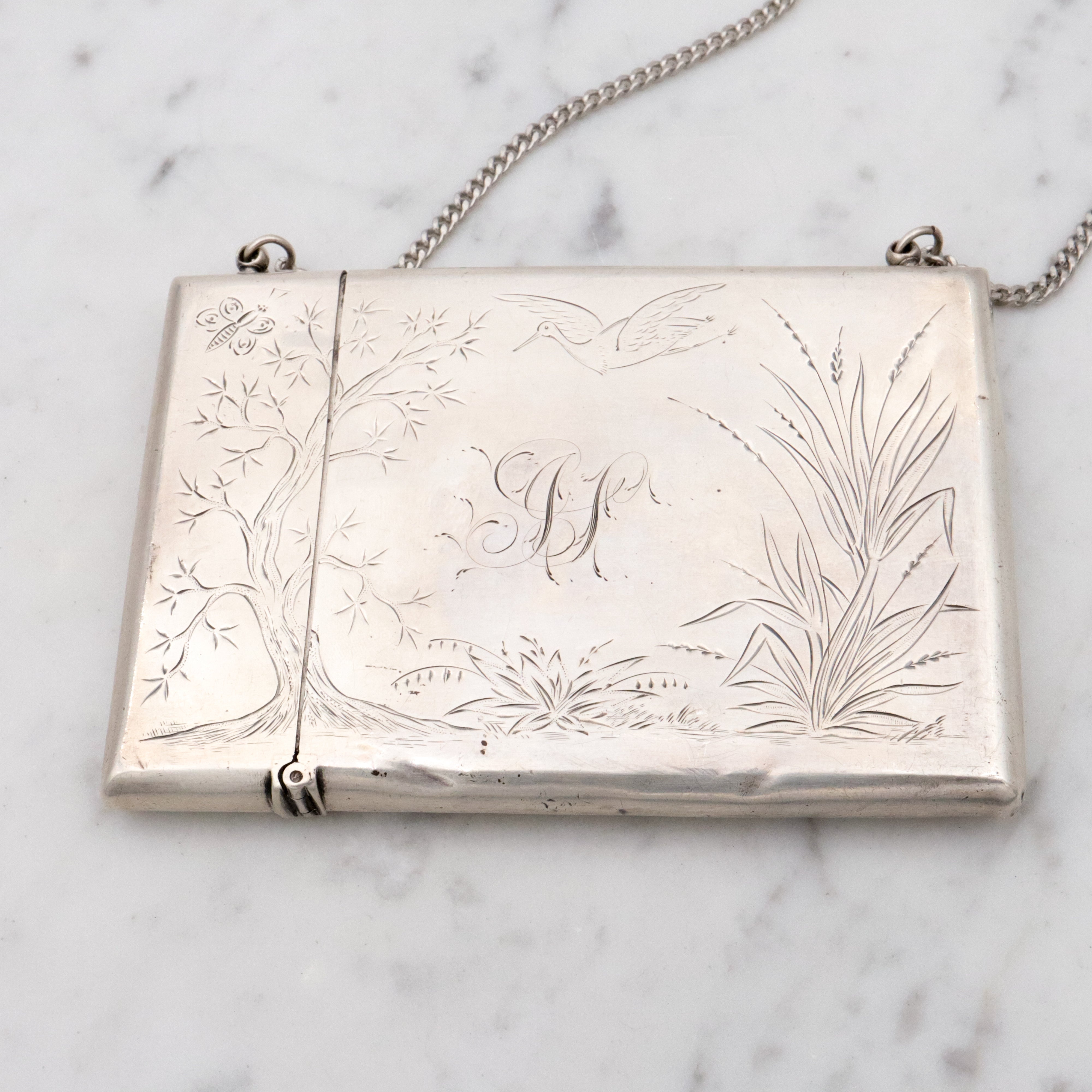 Antique Victorian Gorham sterling Aesthetic Movement engraved card case purse with chain