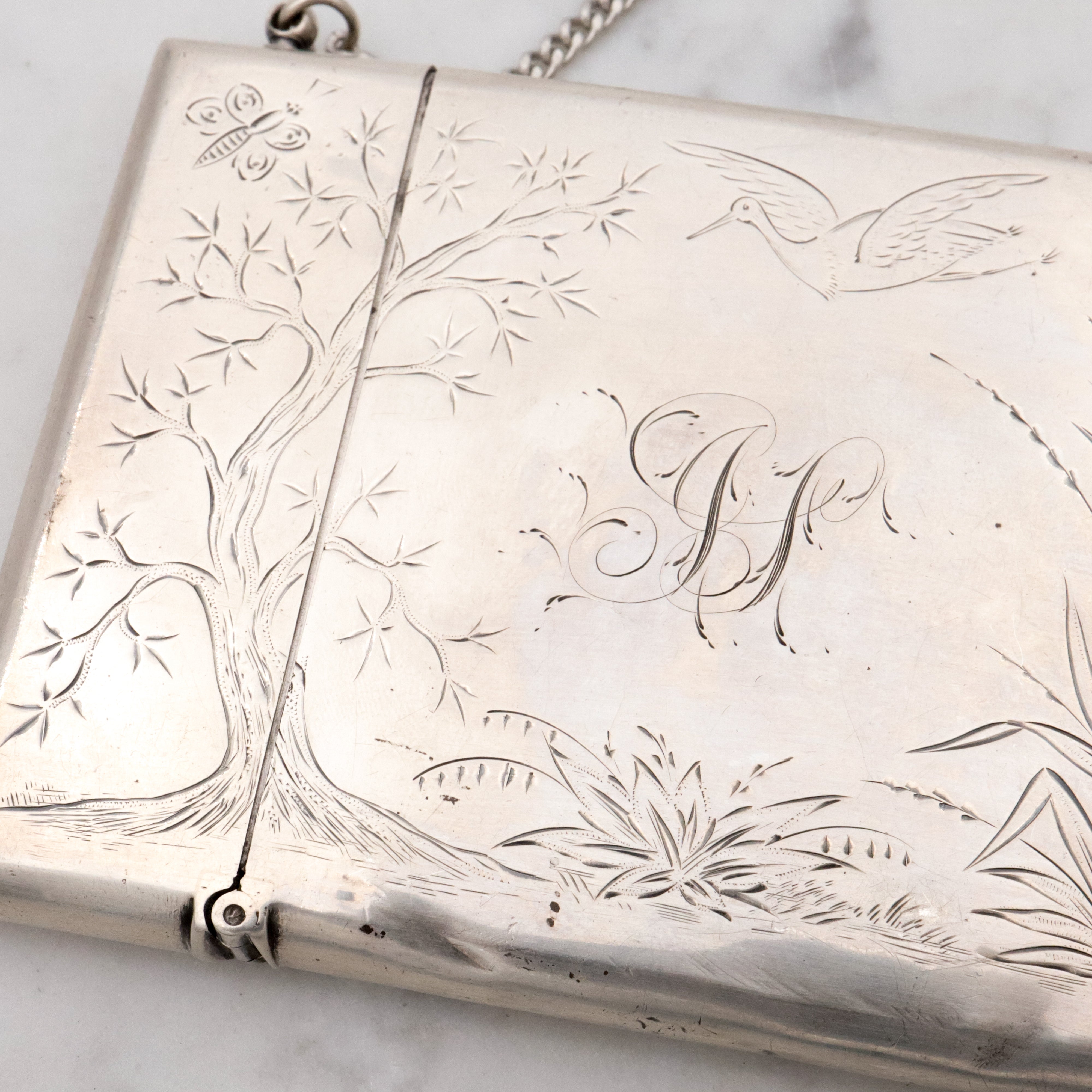 Antique Victorian Gorham sterling Aesthetic Movement engraved card case purse with chain