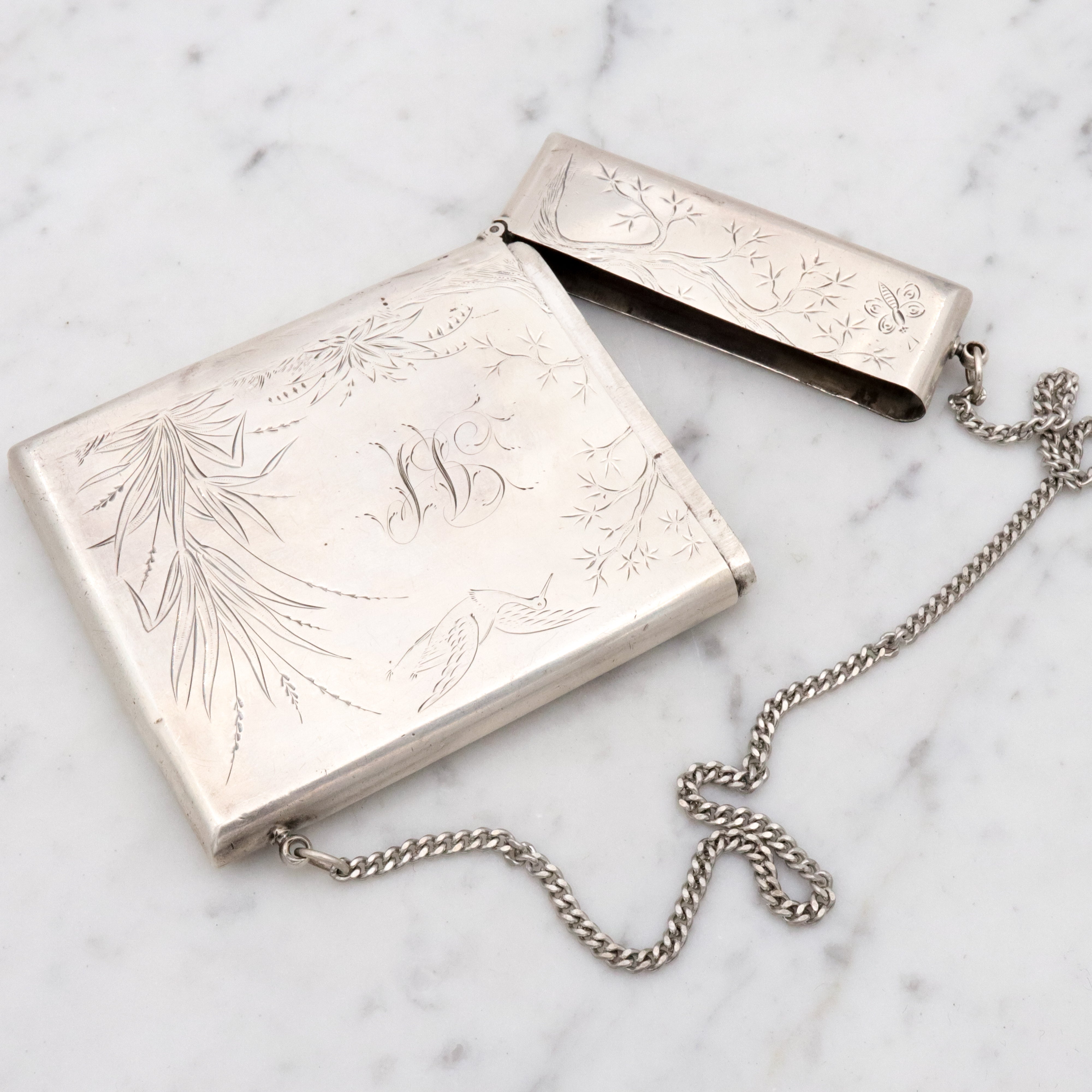 Antique Victorian Gorham sterling Aesthetic Movement engraved card case purse with chain