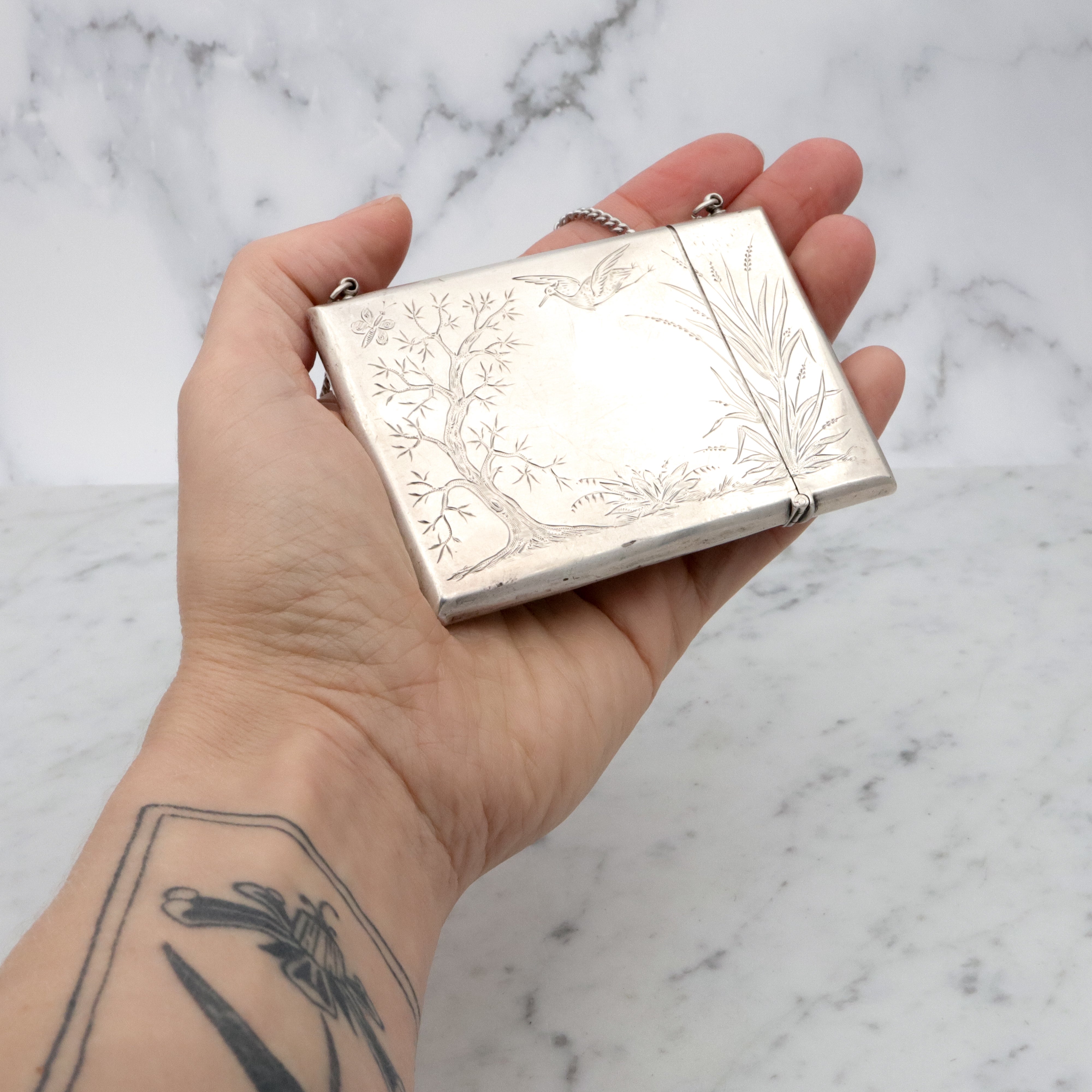 Antique Victorian Gorham sterling Aesthetic Movement engraved card case purse with chain