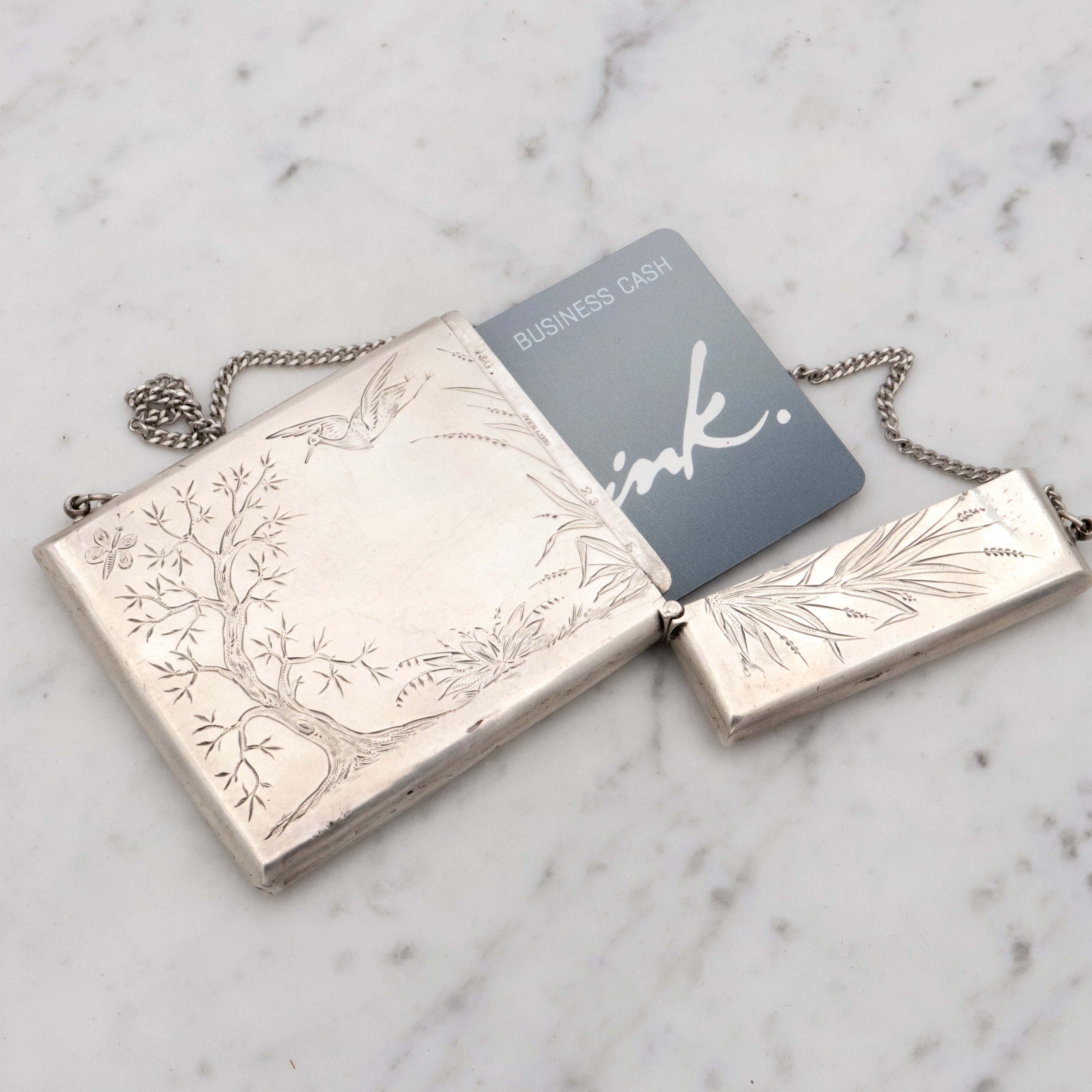 Antique Victorian Gorham sterling Aesthetic Movement engraved card case purse with chain