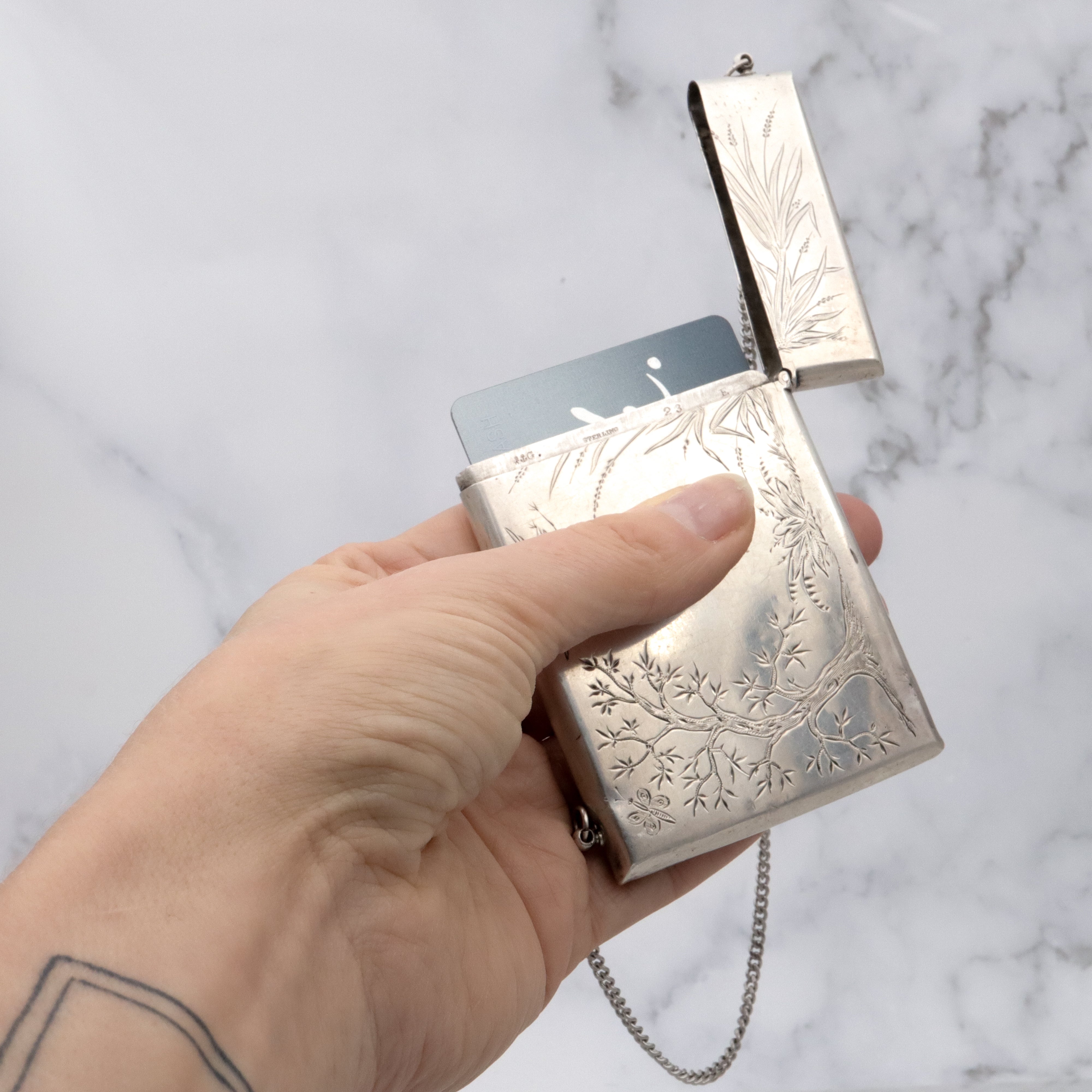 Antique Victorian Gorham sterling Aesthetic Movement engraved card case purse with chain