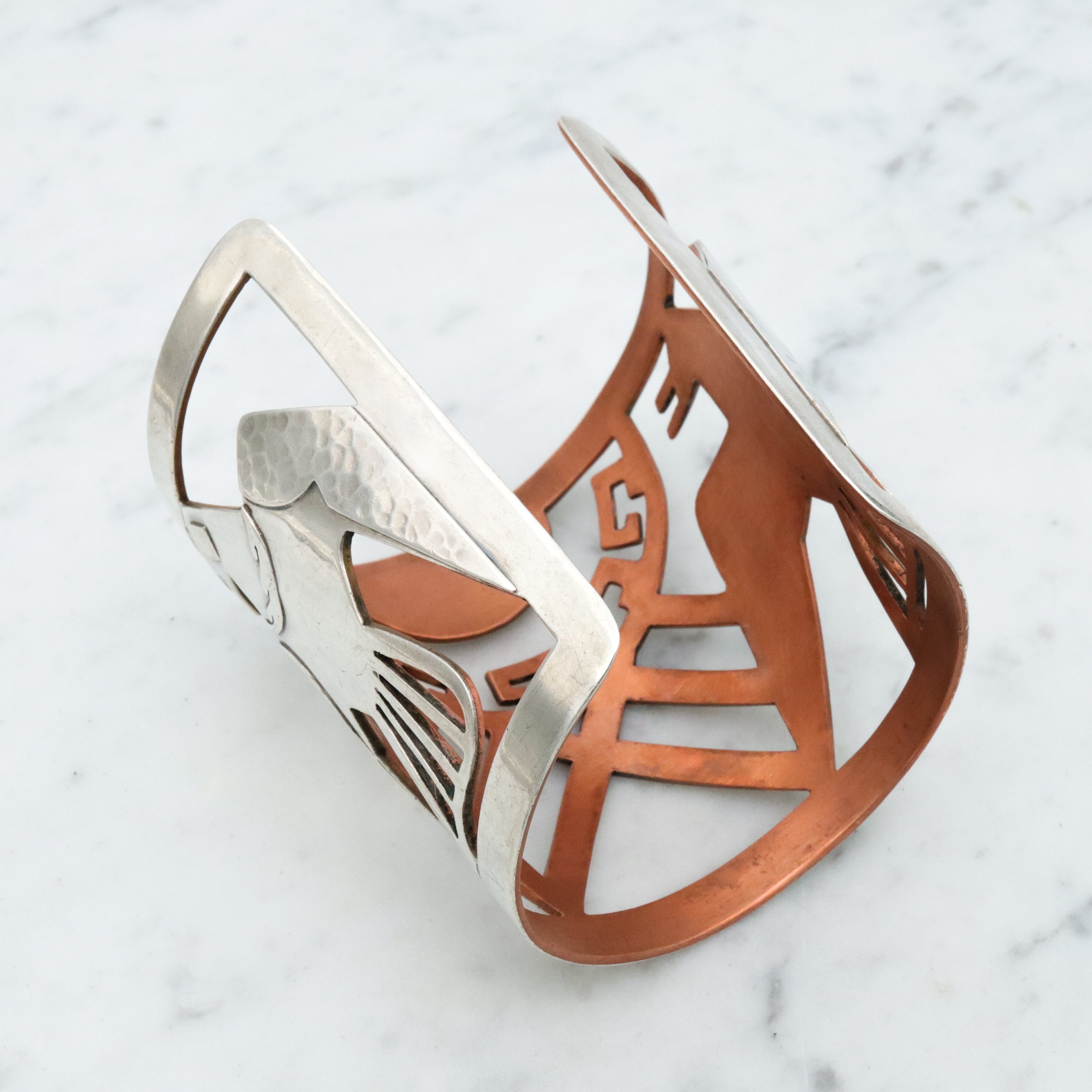 Mid Century Peruvian sterling & copper cutout cuff bracelet