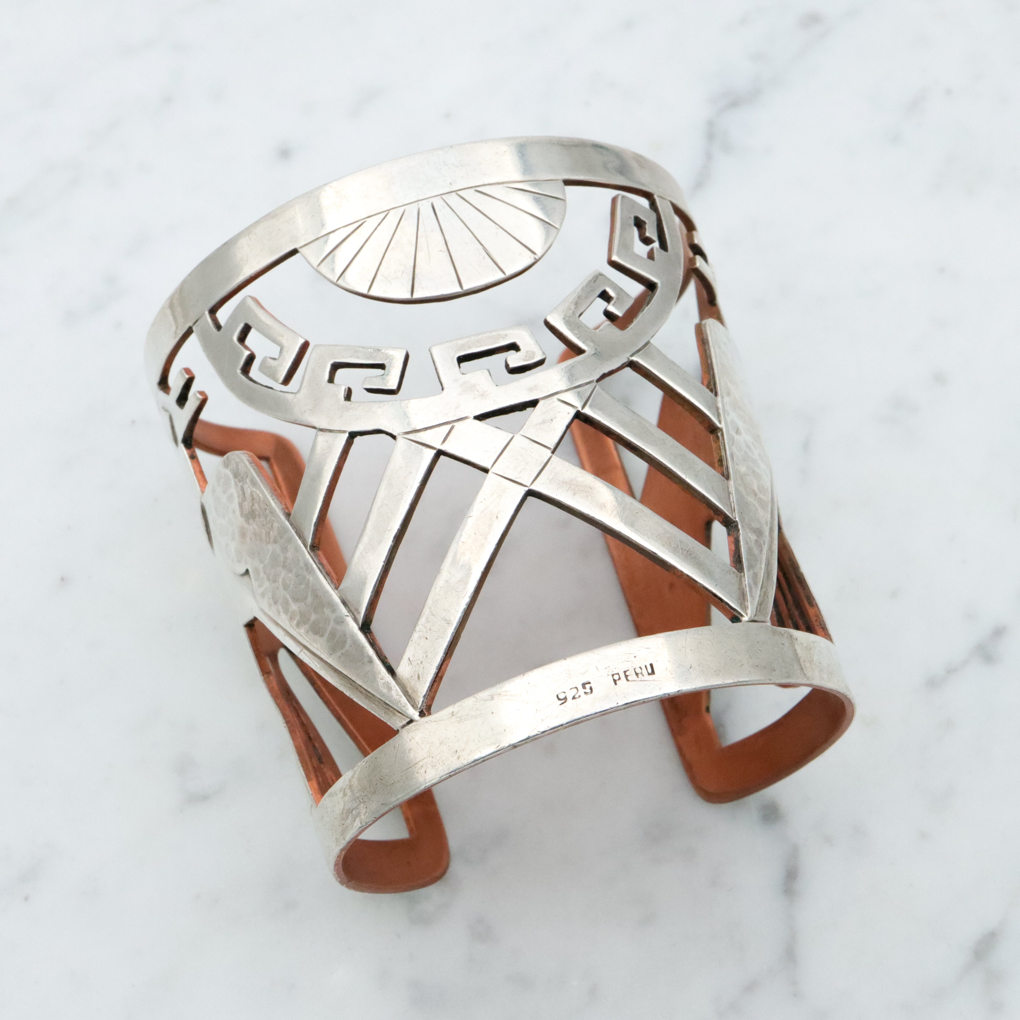 Mid Century Peruvian sterling & copper cutout cuff bracelet