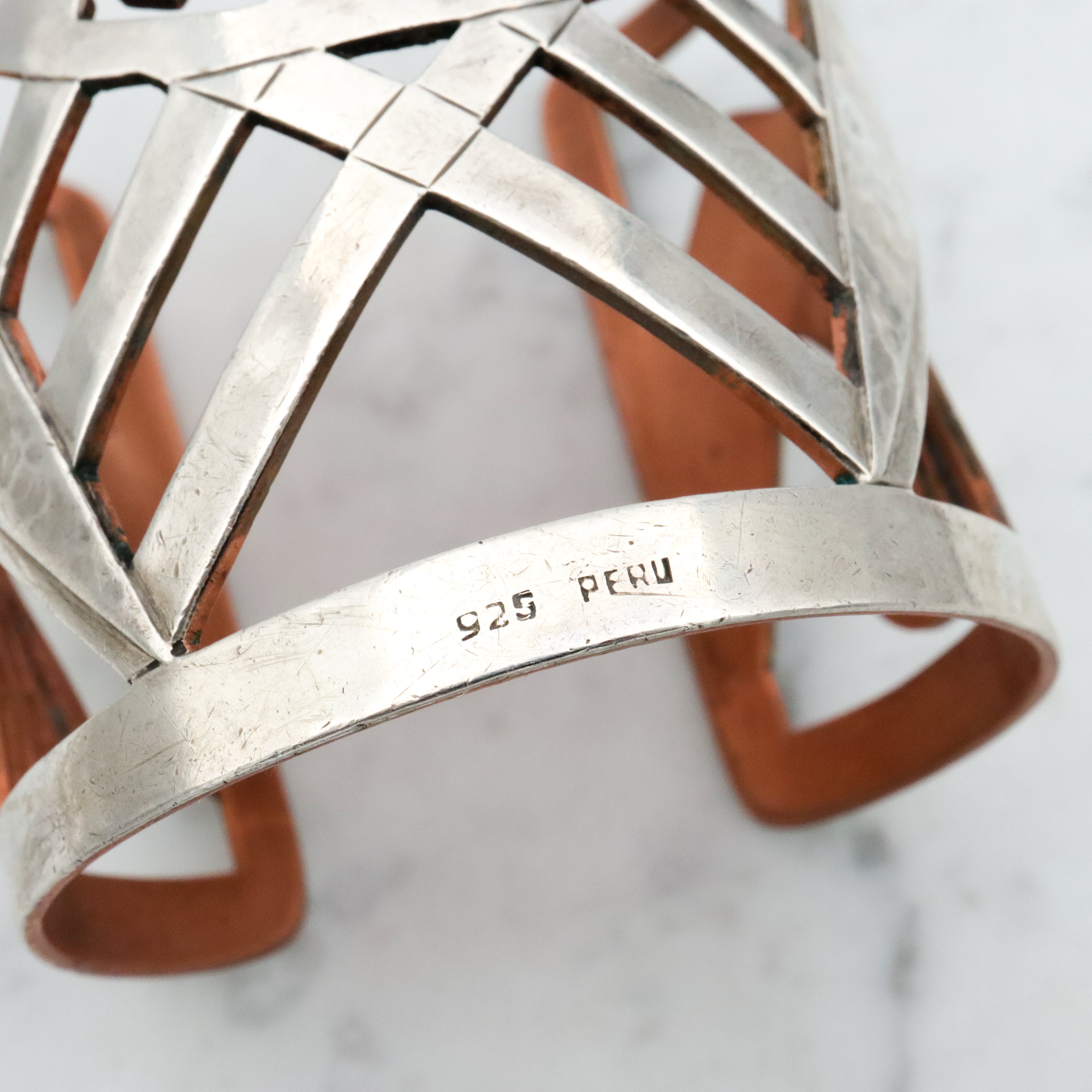 Mid Century Peruvian sterling & copper cutout cuff bracelet