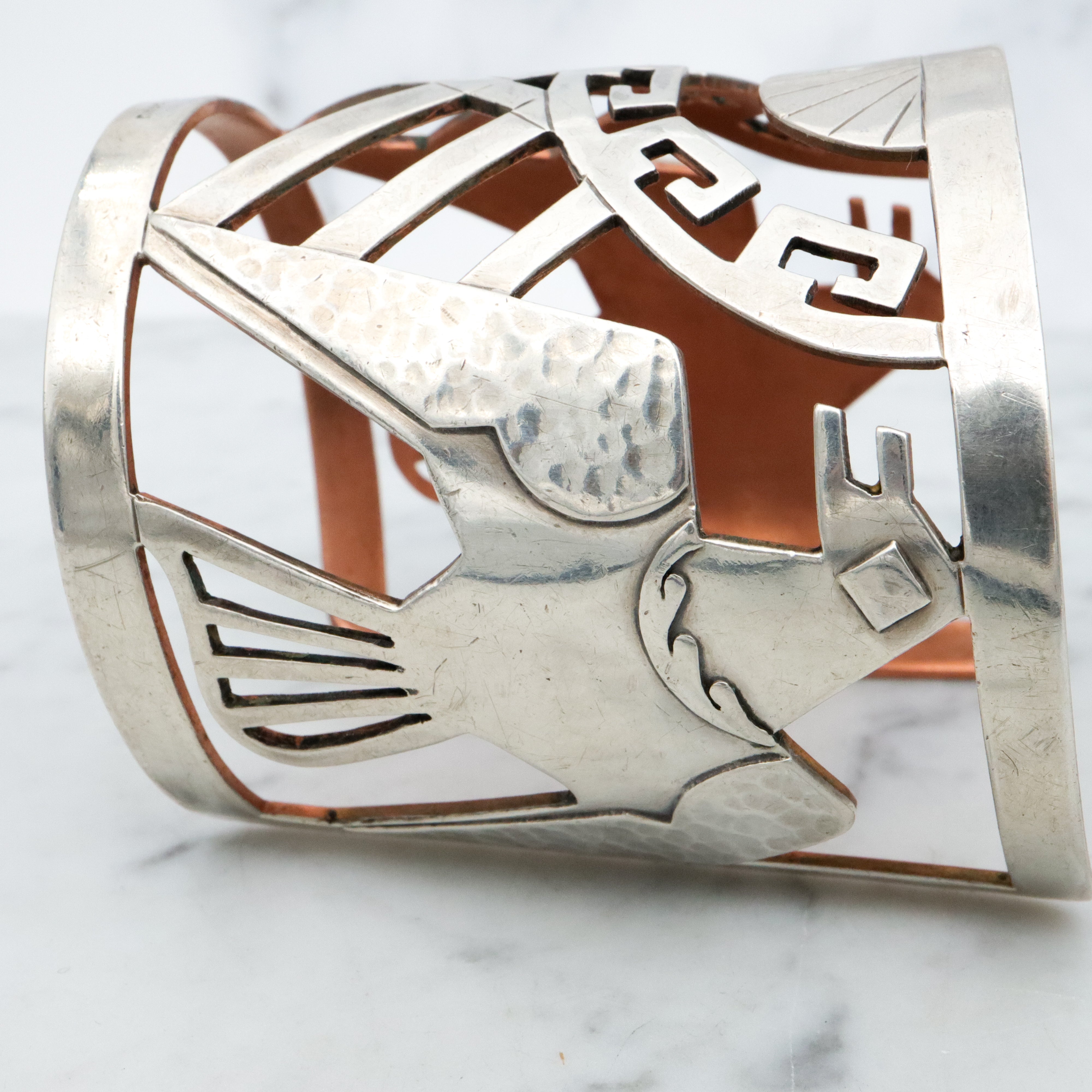 Mid Century Peruvian sterling & copper cutout cuff bracelet