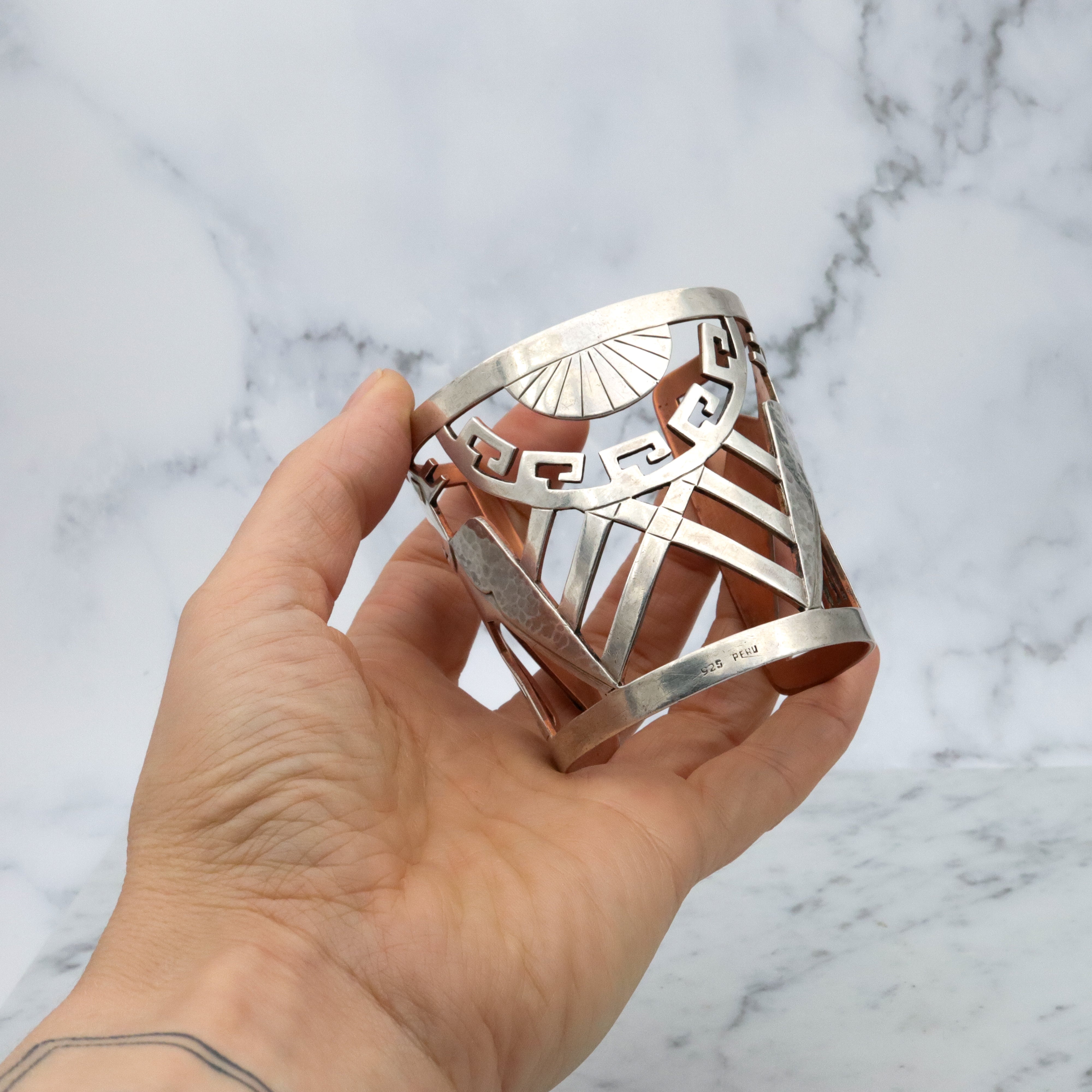 Mid Century Peruvian sterling & copper cutout cuff bracelet