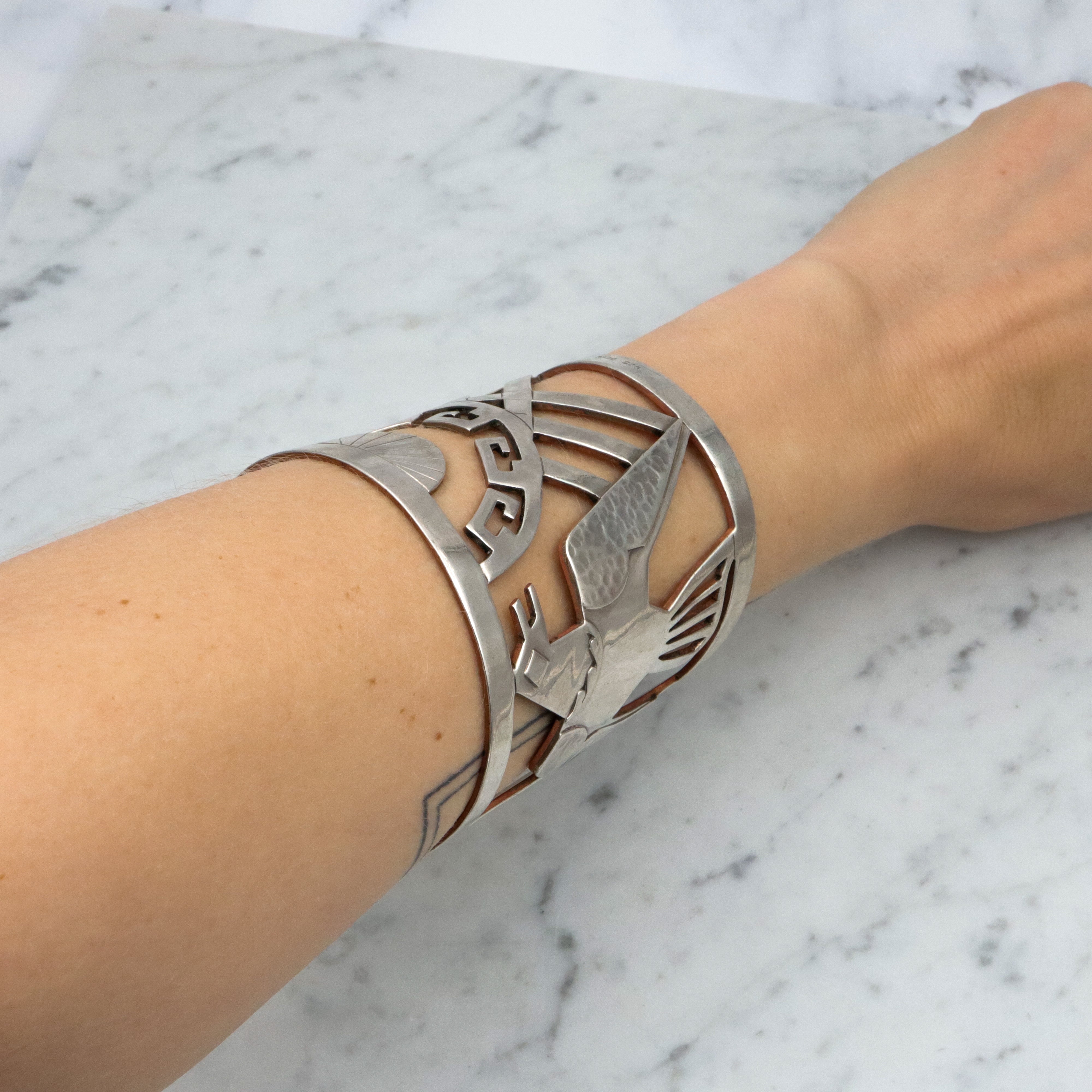 Mid Century Peruvian sterling & copper cutout cuff bracelet