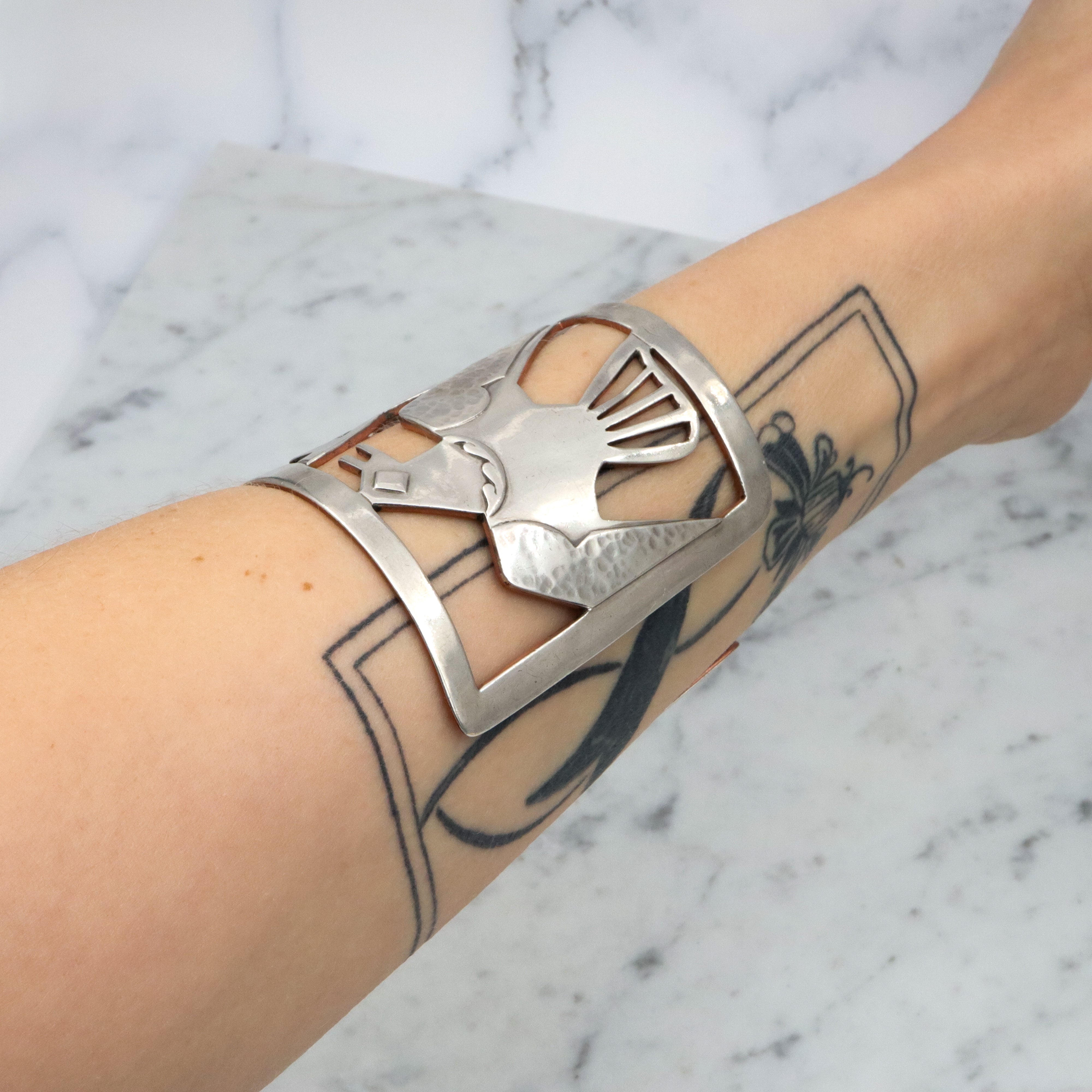 Mid Century Peruvian sterling & copper cutout cuff bracelet