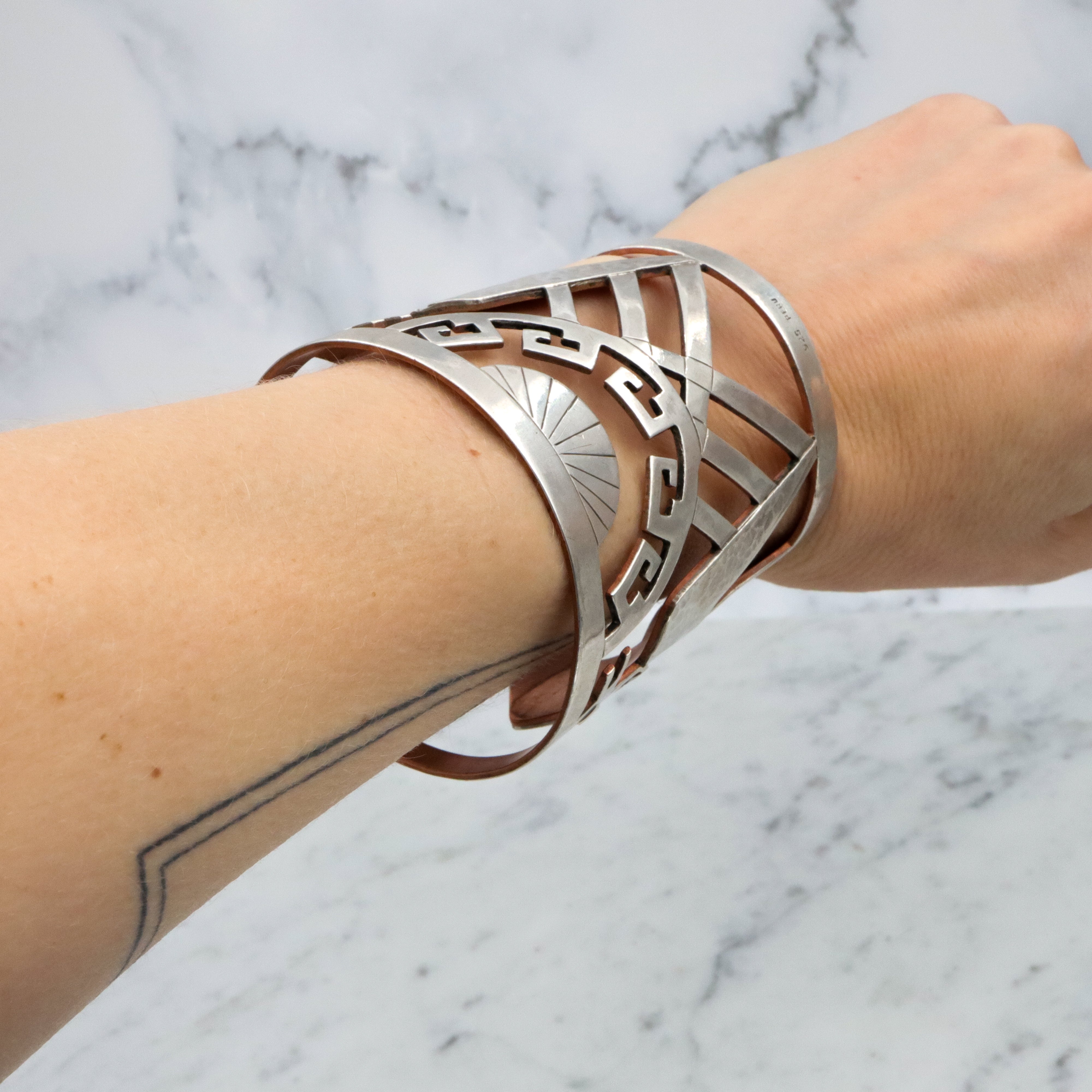 Mid Century Peruvian sterling & copper cutout cuff bracelet