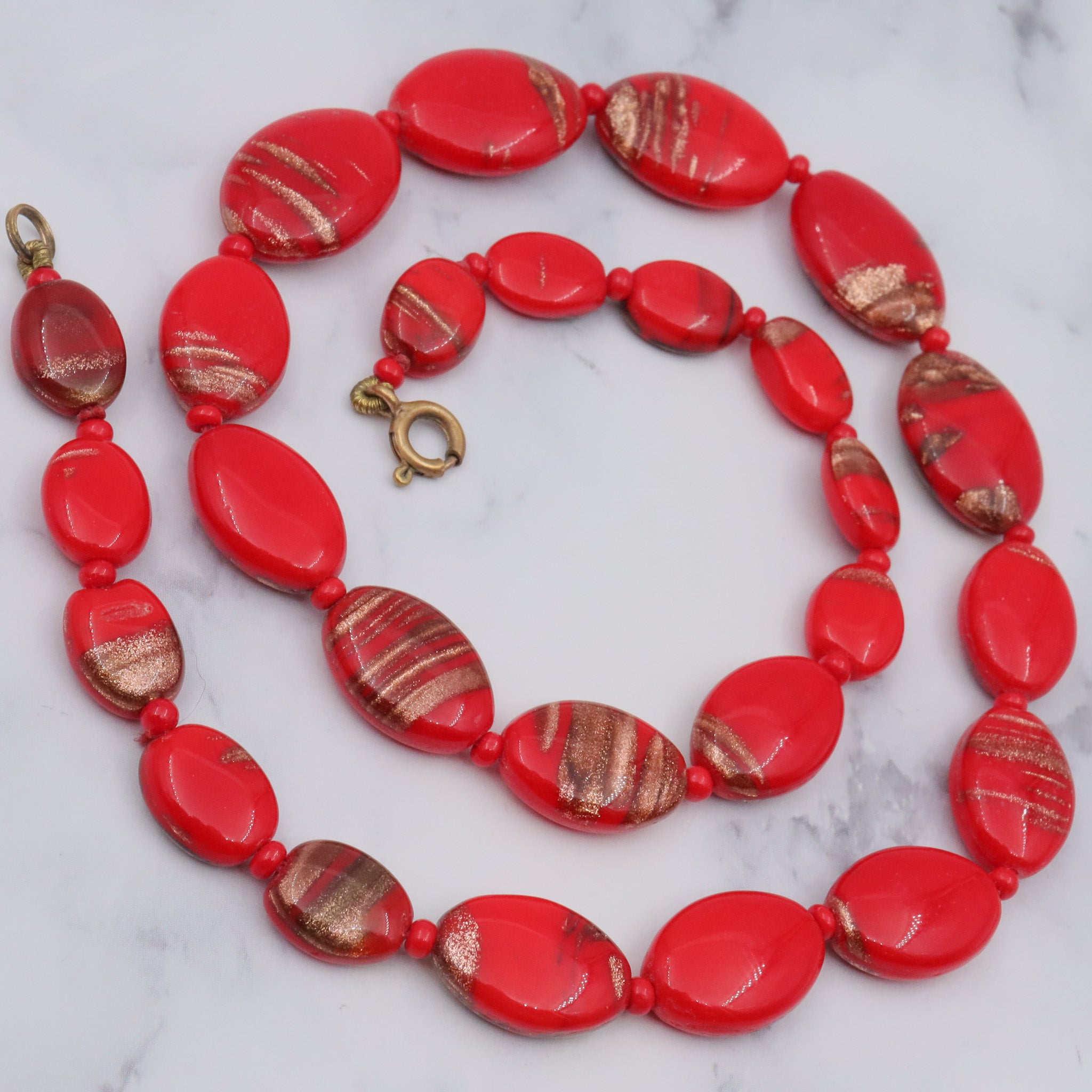 Antique handmade venetian Murano glass red with copper glitter necklace, 18”