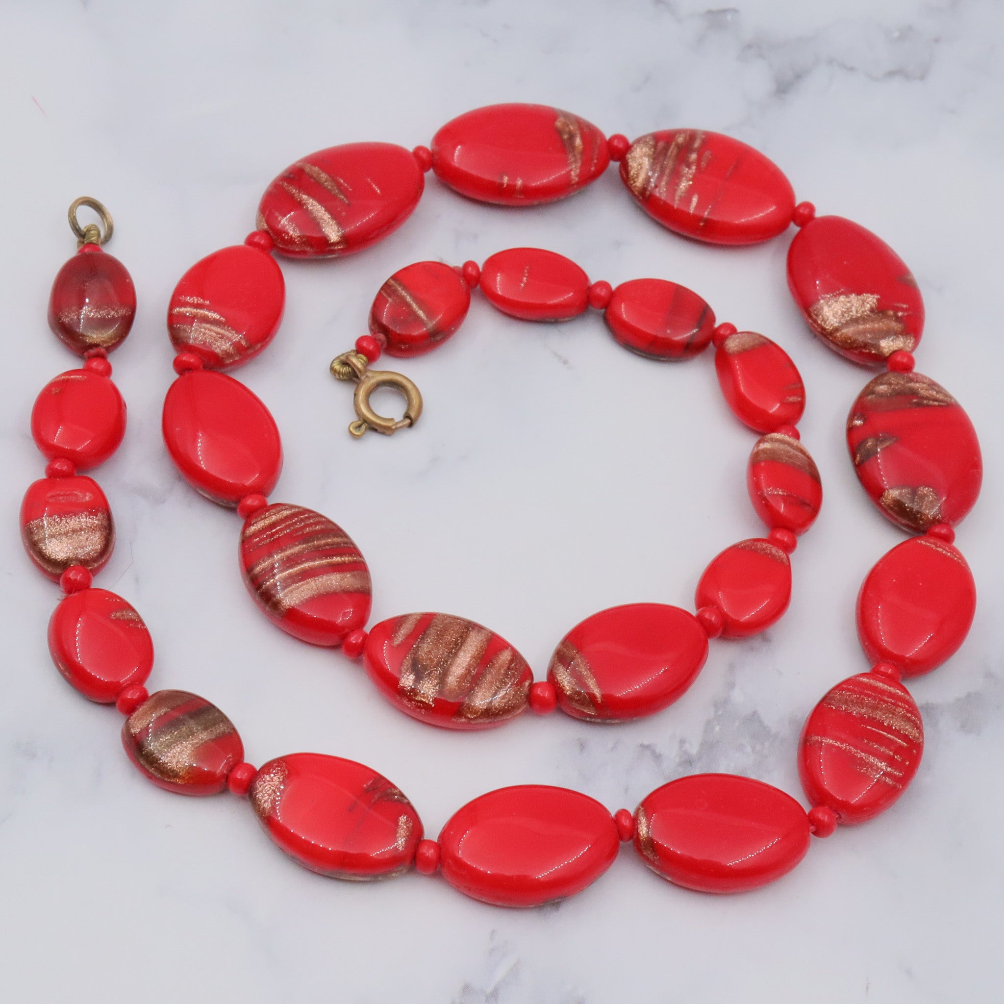 Antique handmade venetian Murano glass red with copper glitter necklace, 18”