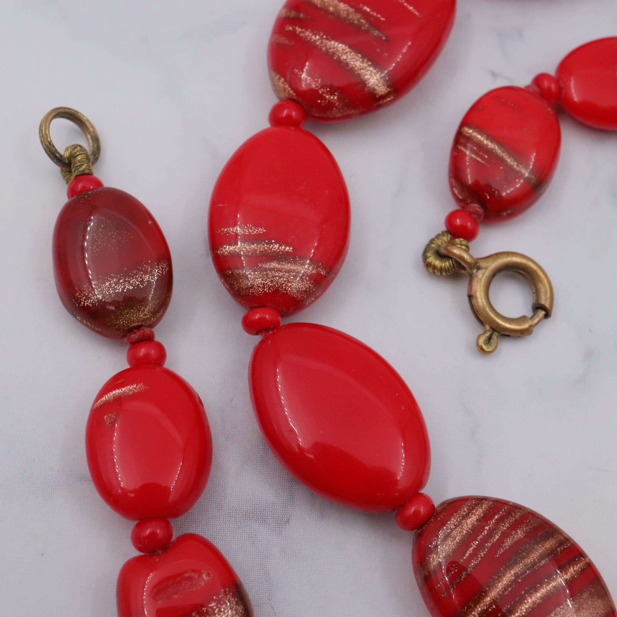 Antique handmade venetian Murano glass red with copper glitter necklace, 18”