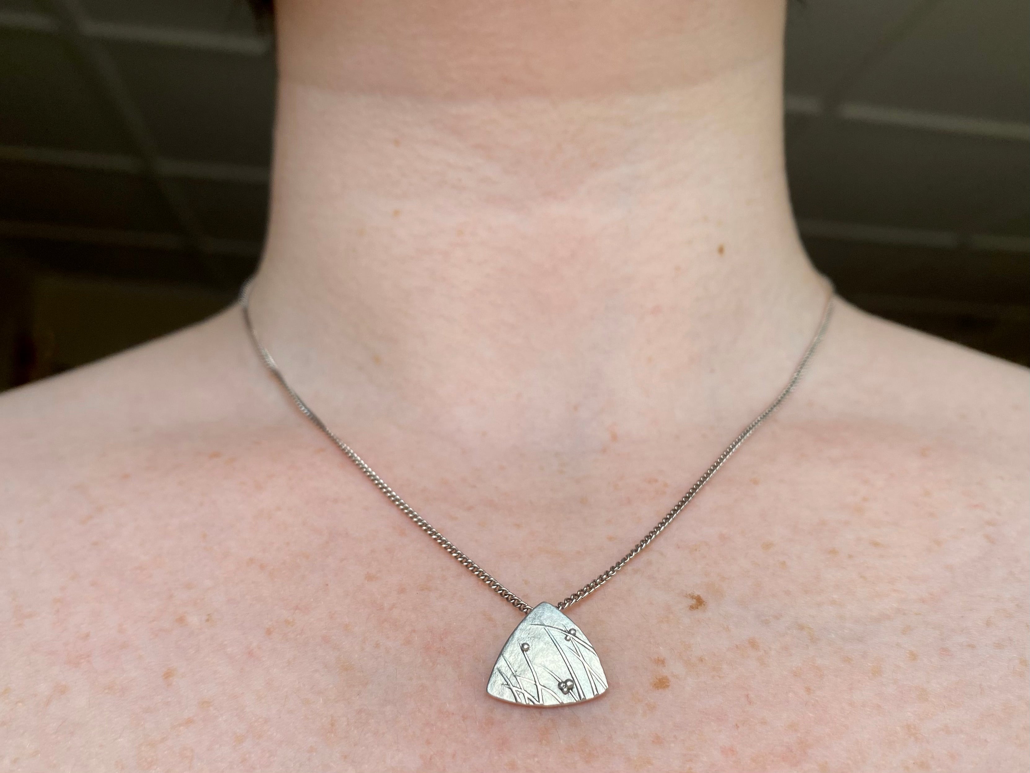 Vintage modern naturalist handmade sterling triangle pendant on sterling curb link chain, 18.5"