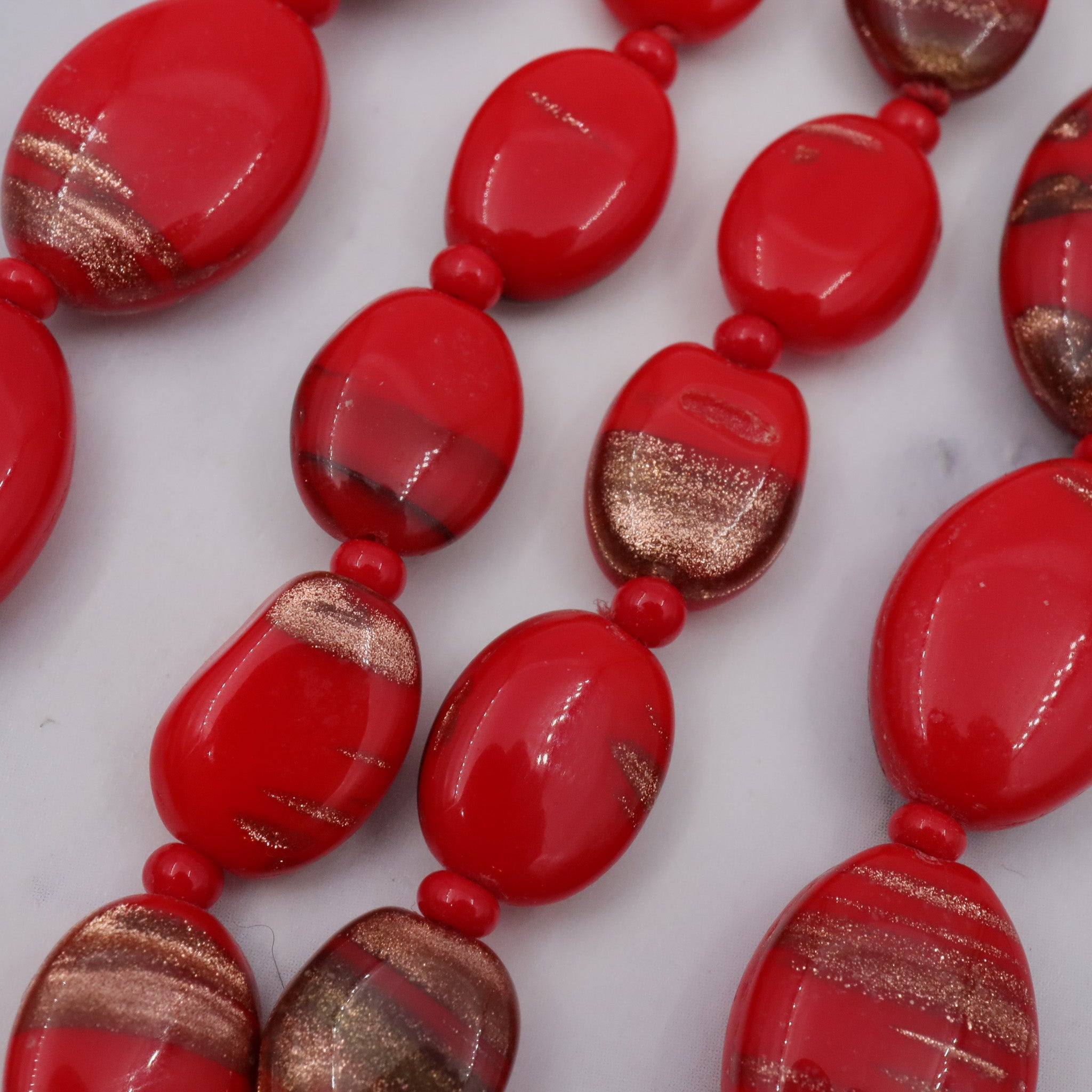 Antique handmade venetian Murano glass red with copper glitter necklace, 18”