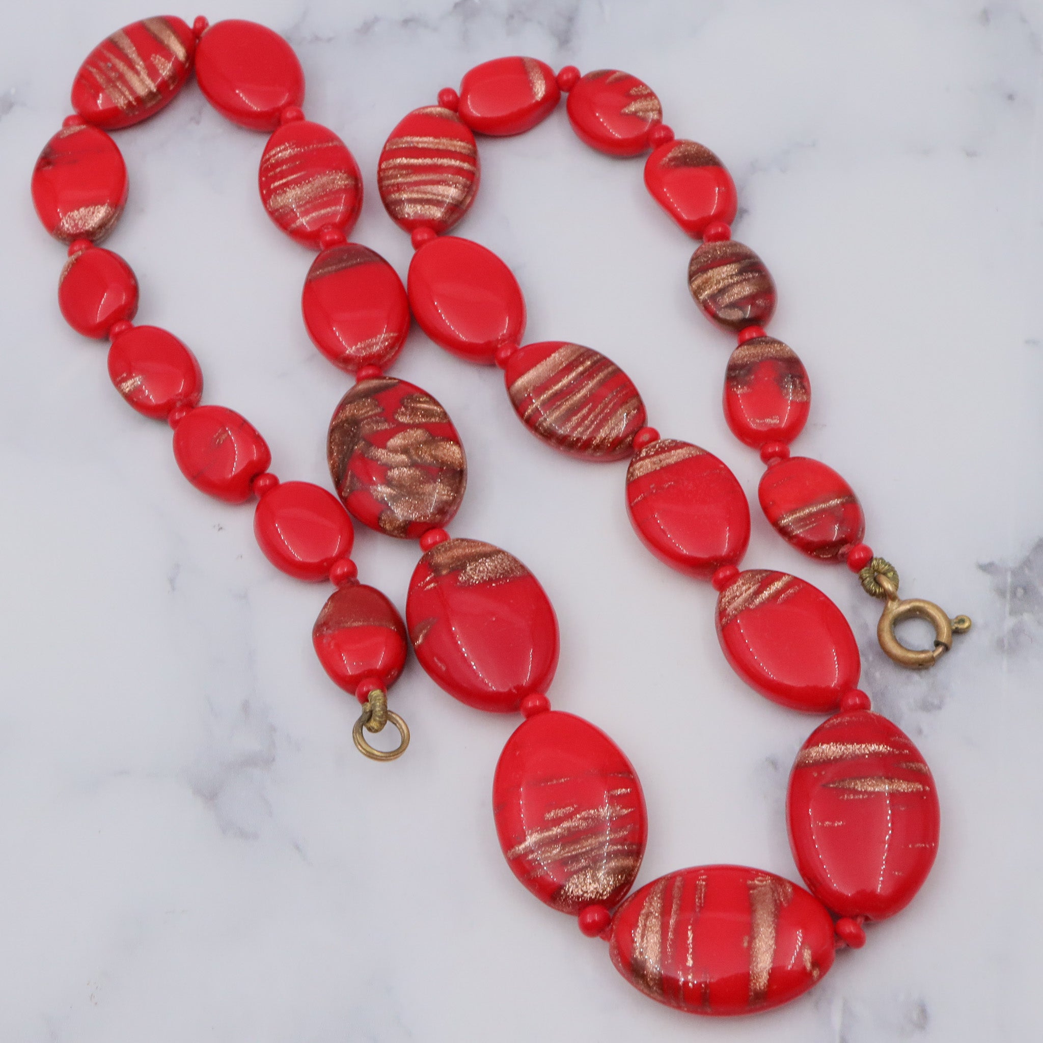 Antique handmade venetian Murano glass red with copper glitter necklace, 18”