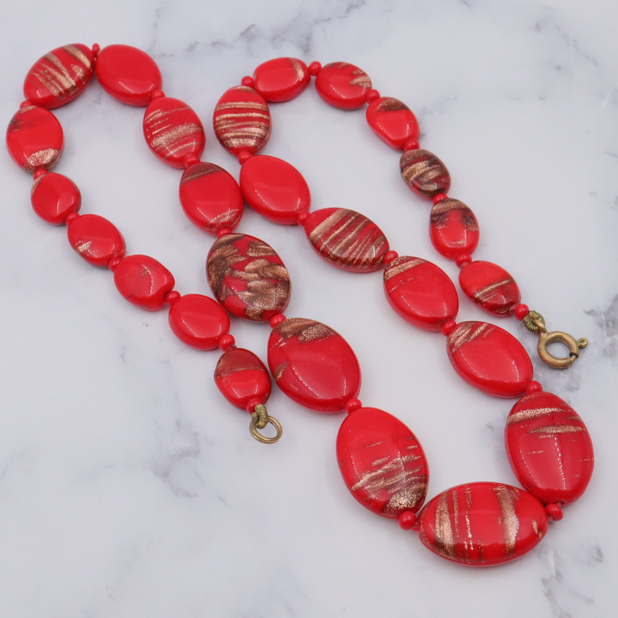 Antique handmade venetian Murano glass red with copper glitter necklace, 18”