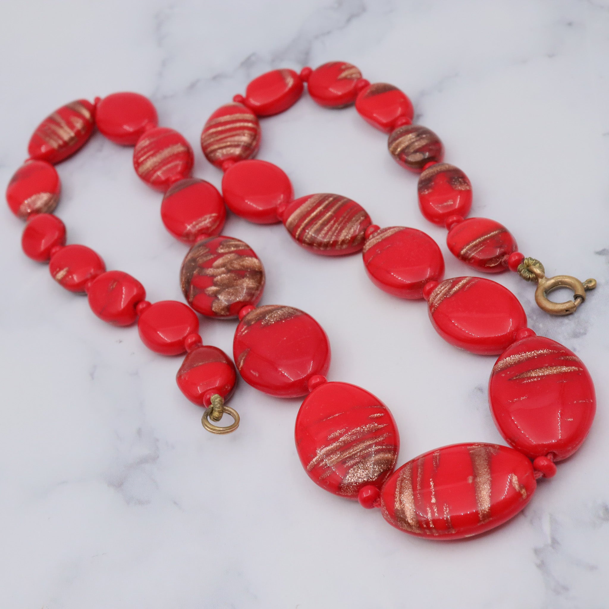 Antique handmade venetian Murano glass red with copper glitter necklace, 18”