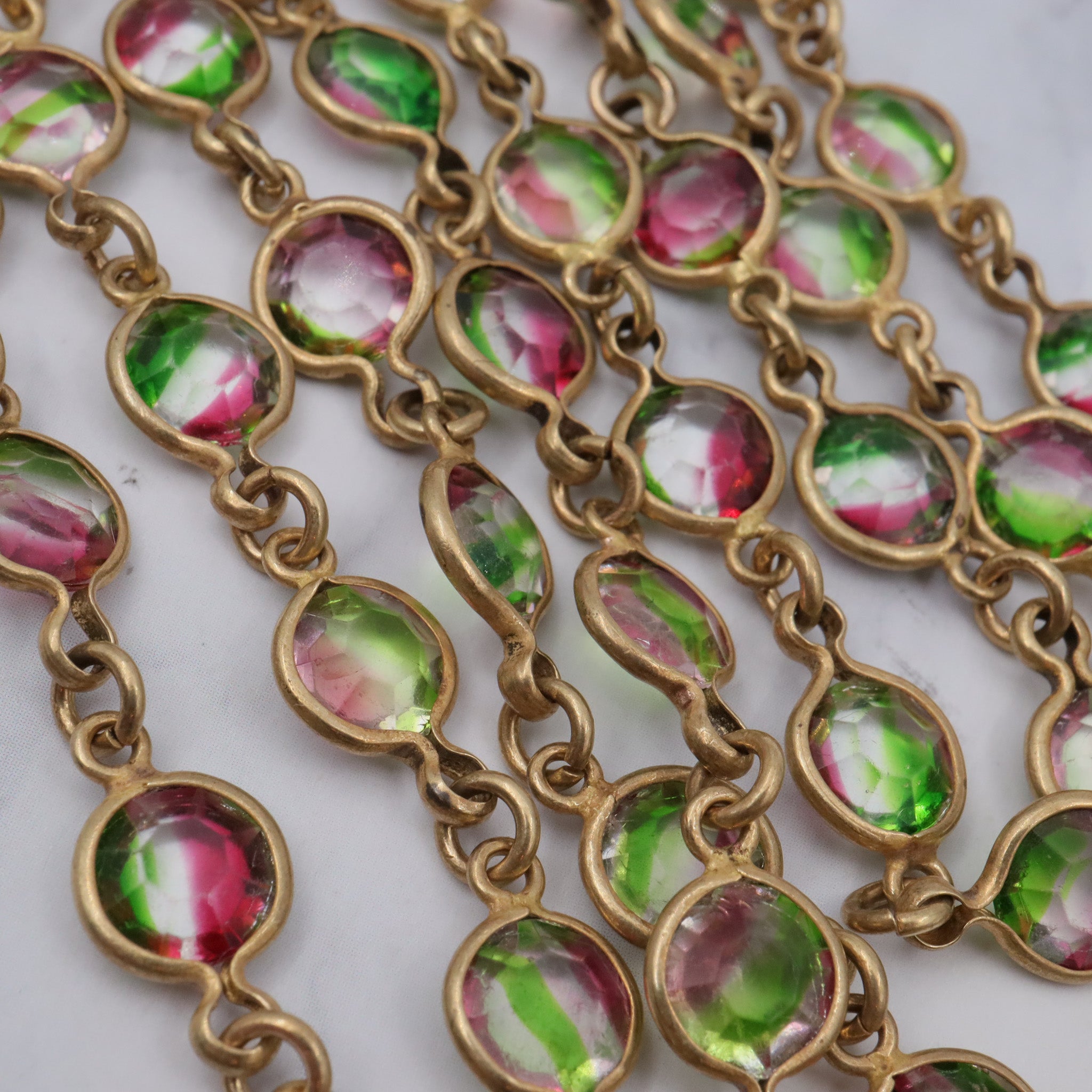 Vintage Austrian watermelon crystal bezel set brass necklace, 46”