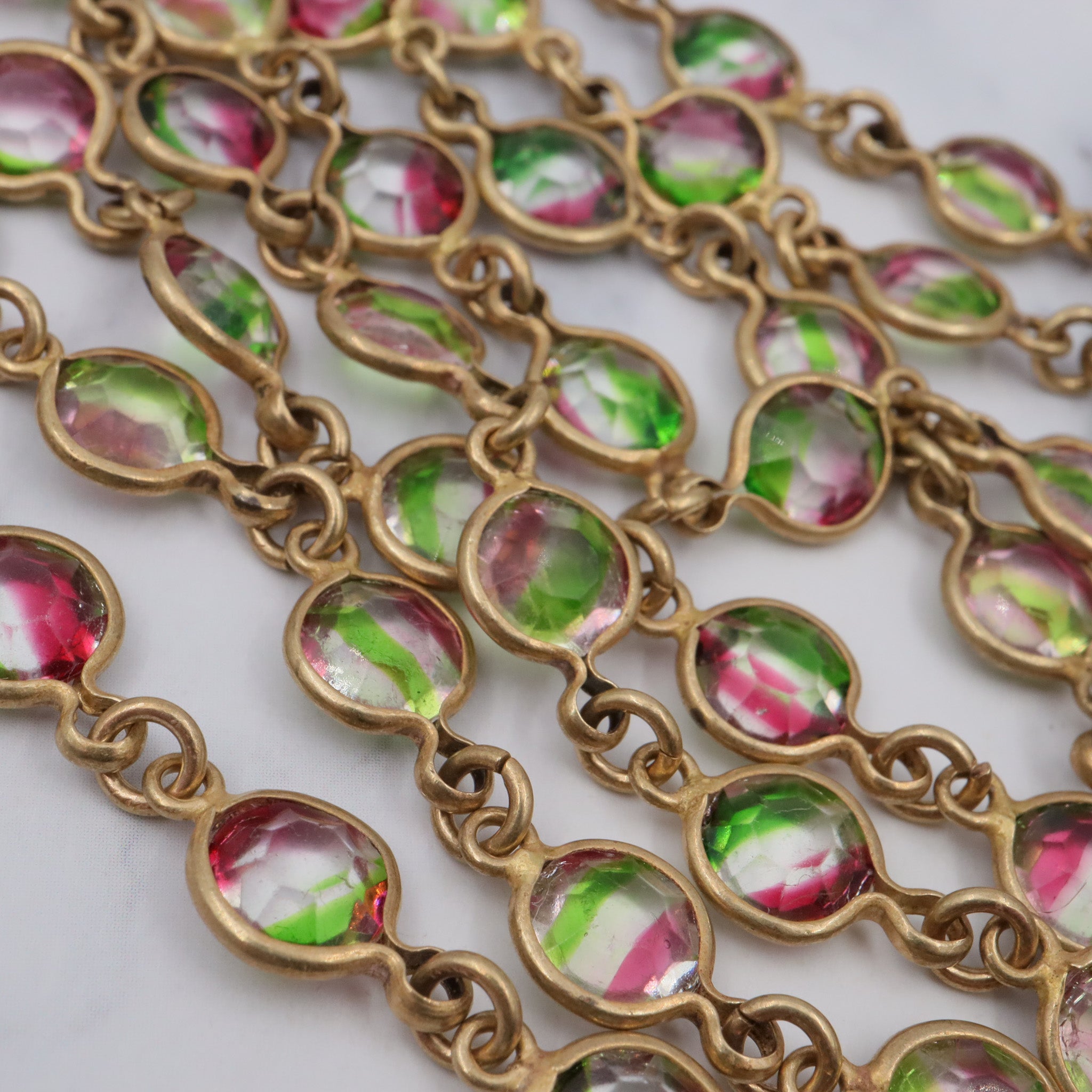 Vintage Austrian watermelon crystal bezel set brass necklace, 46”