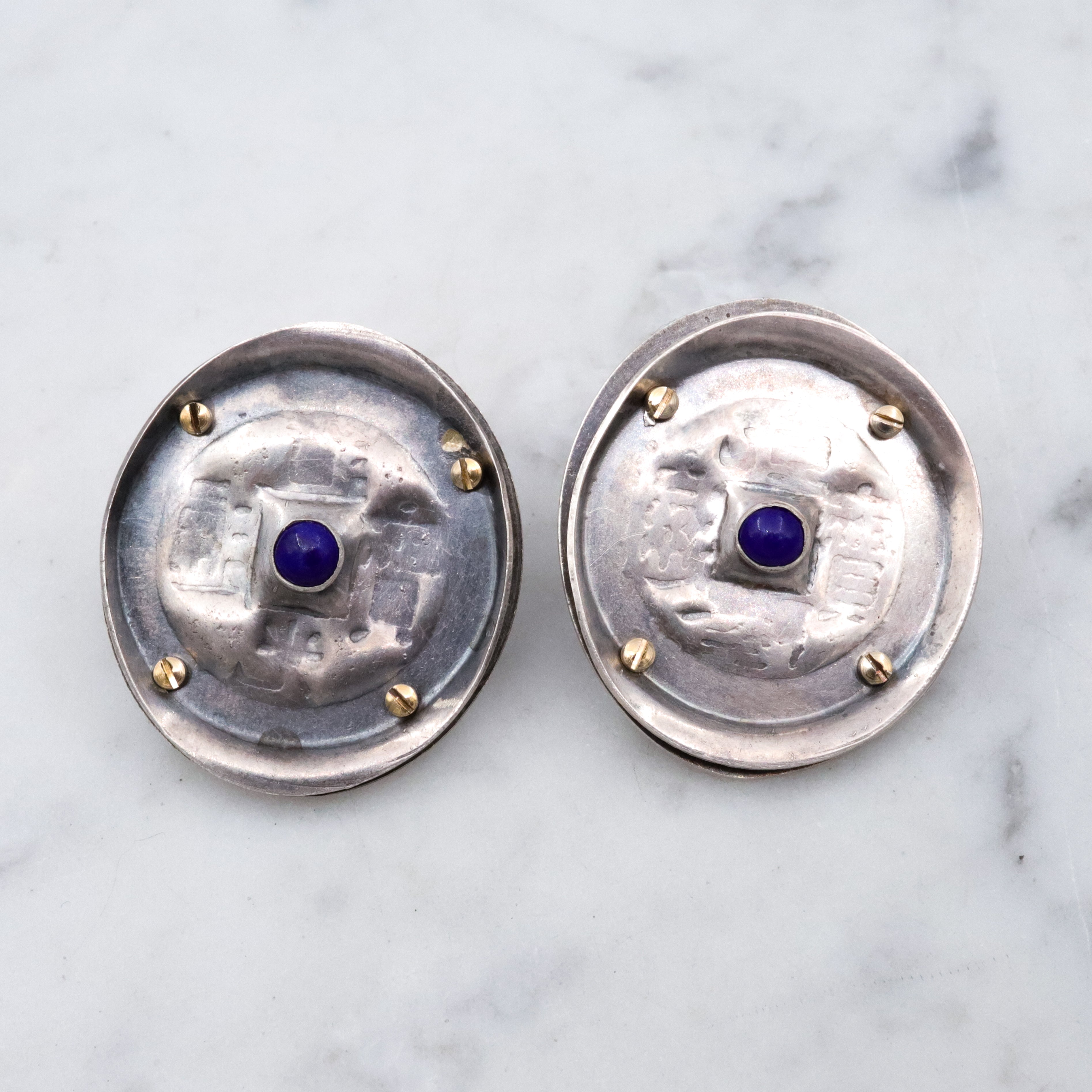 Vintage handmade Modernist sterling & lapis disc earrings with brass rivets