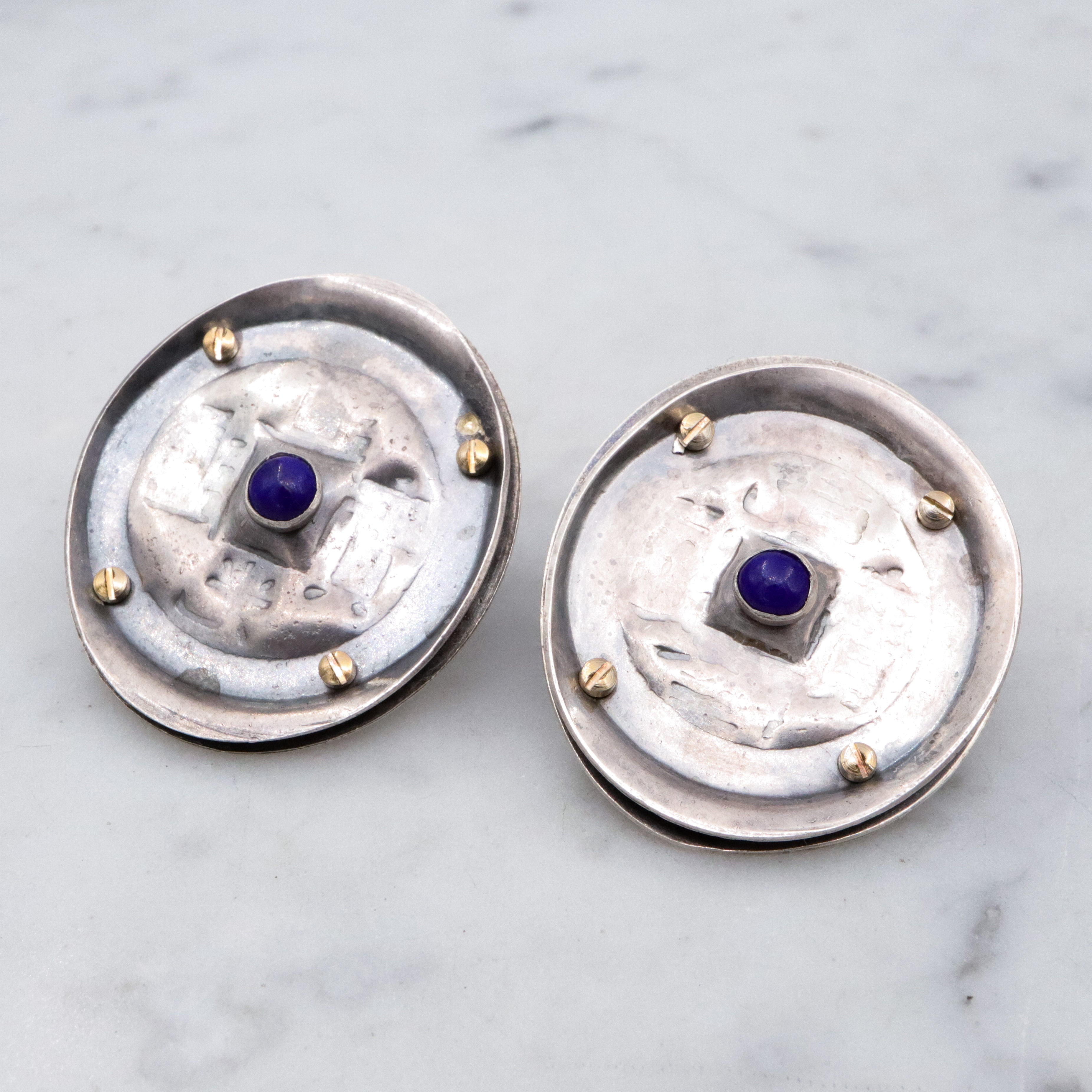 Vintage handmade Modernist sterling & lapis disc earrings with brass rivets