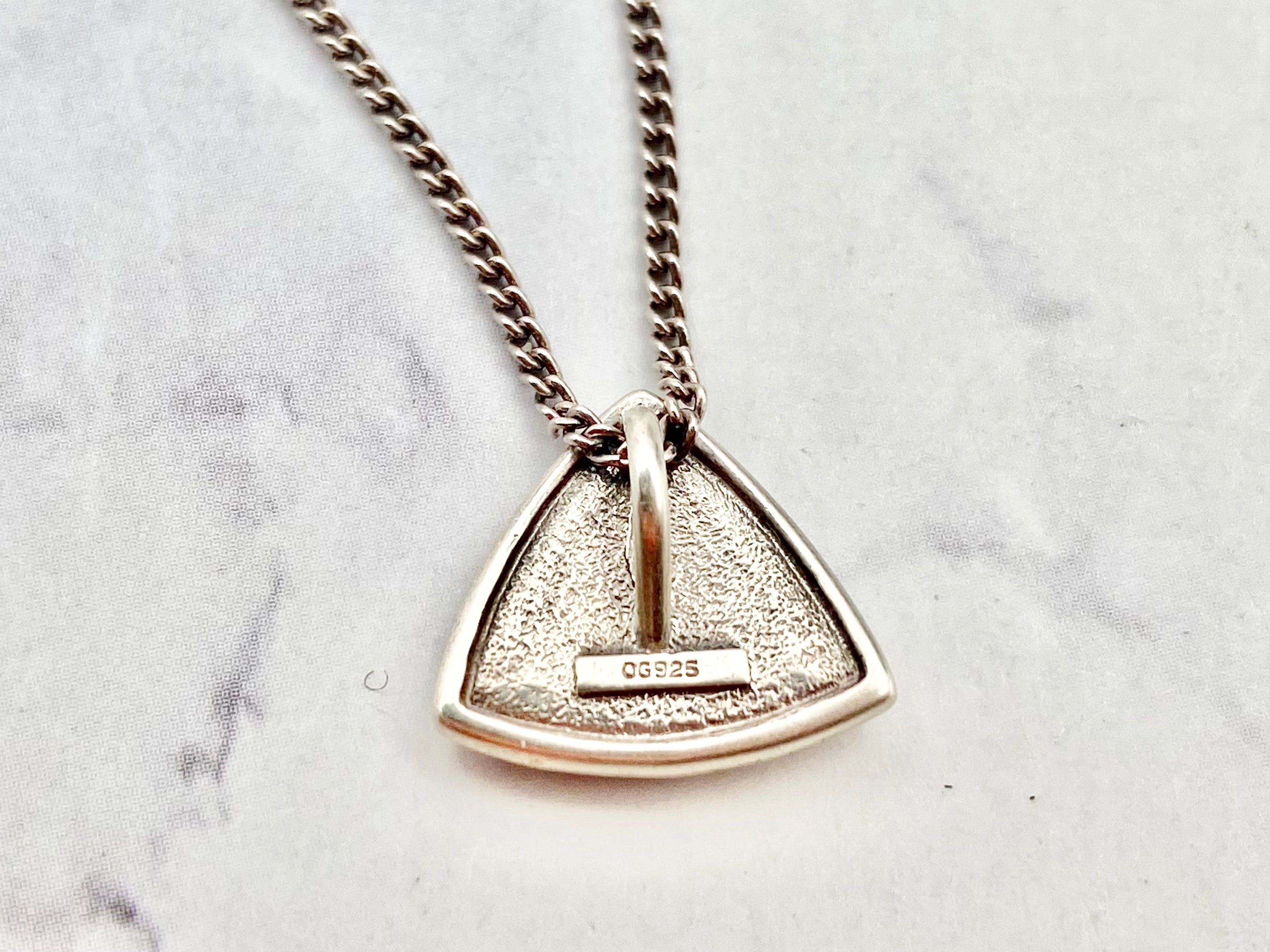 Vintage modern naturalist handmade sterling triangle pendant on sterling curb link chain, 18.5"