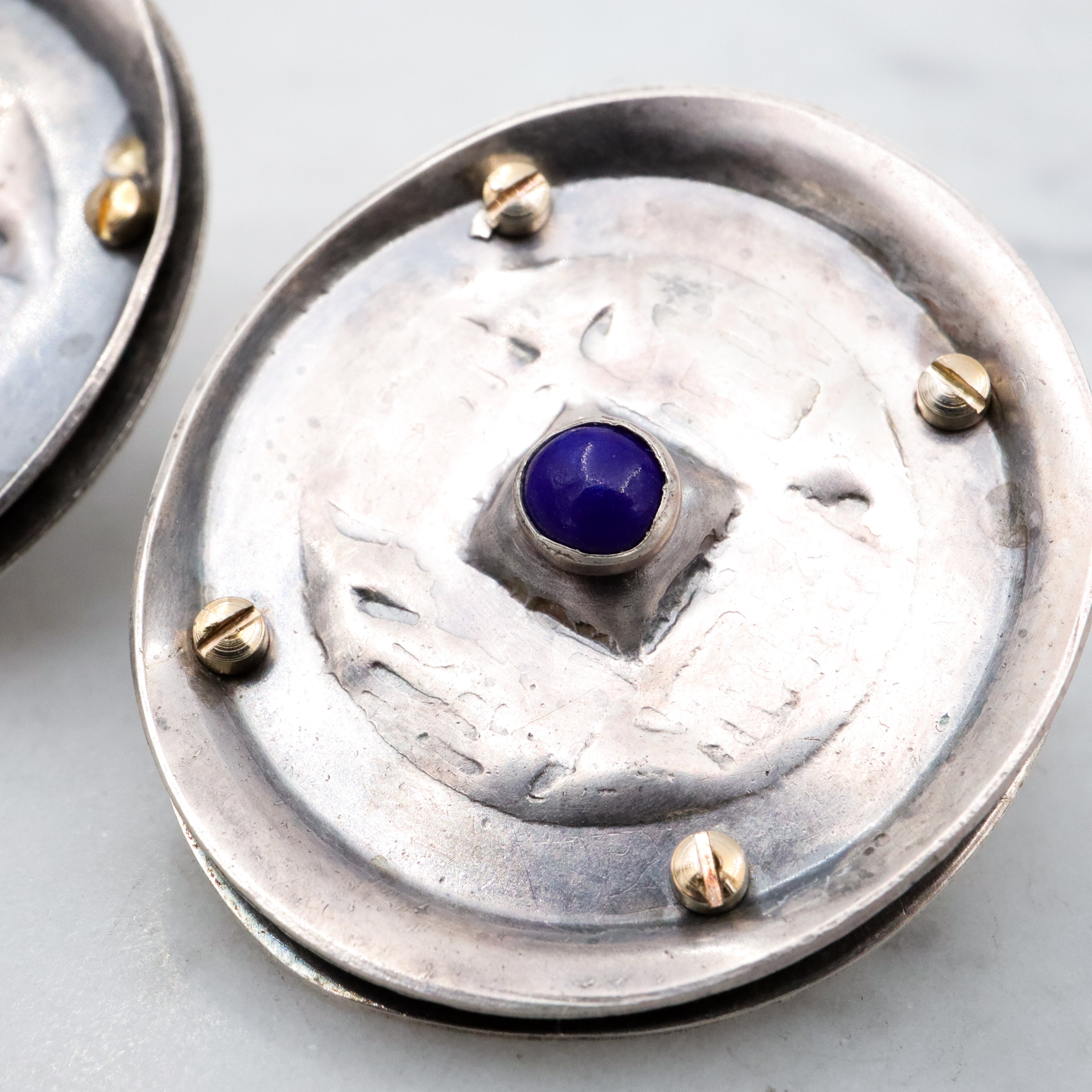 Vintage handmade Modernist sterling & lapis disc earrings with brass rivets