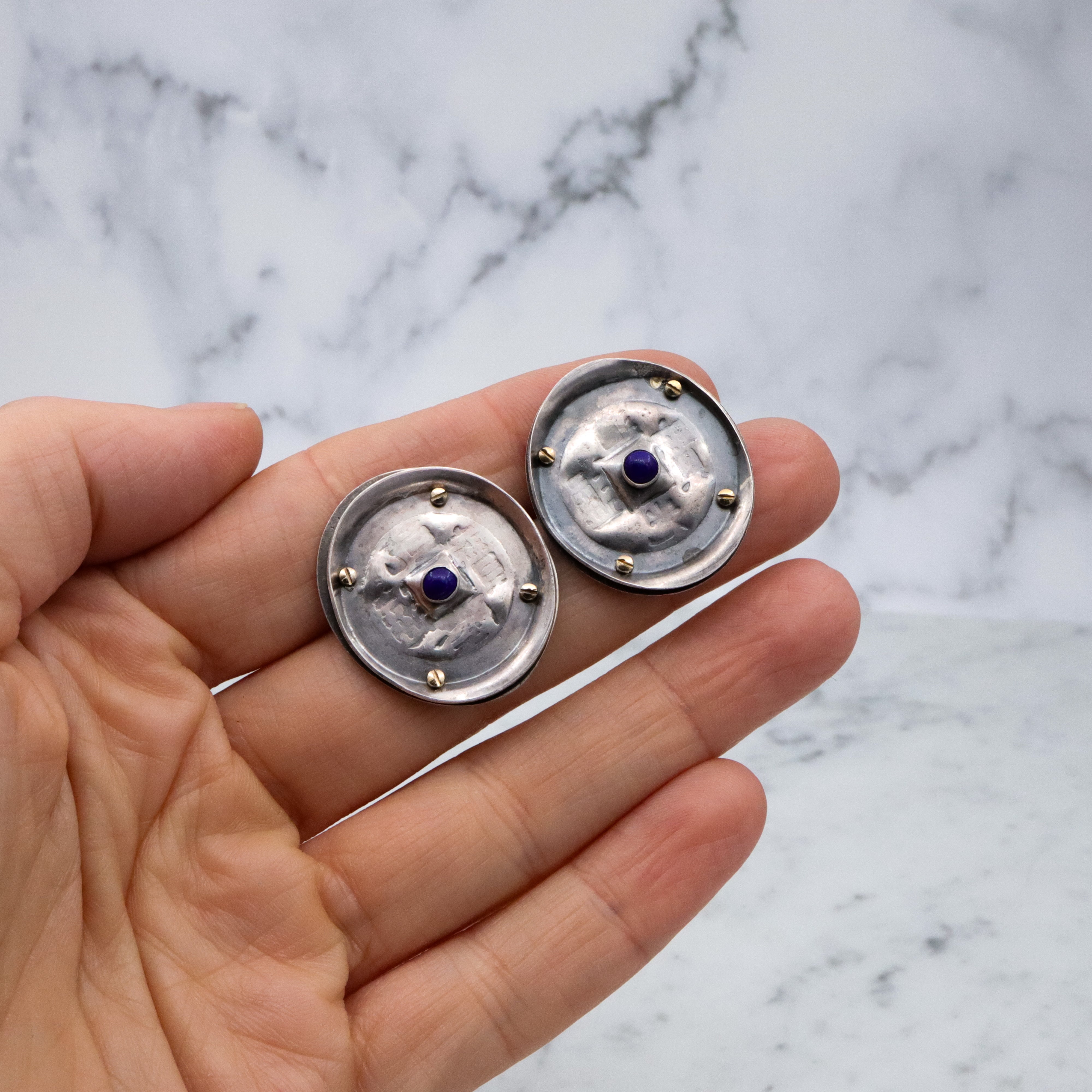 Vintage handmade Modernist sterling & lapis disc earrings with brass rivets