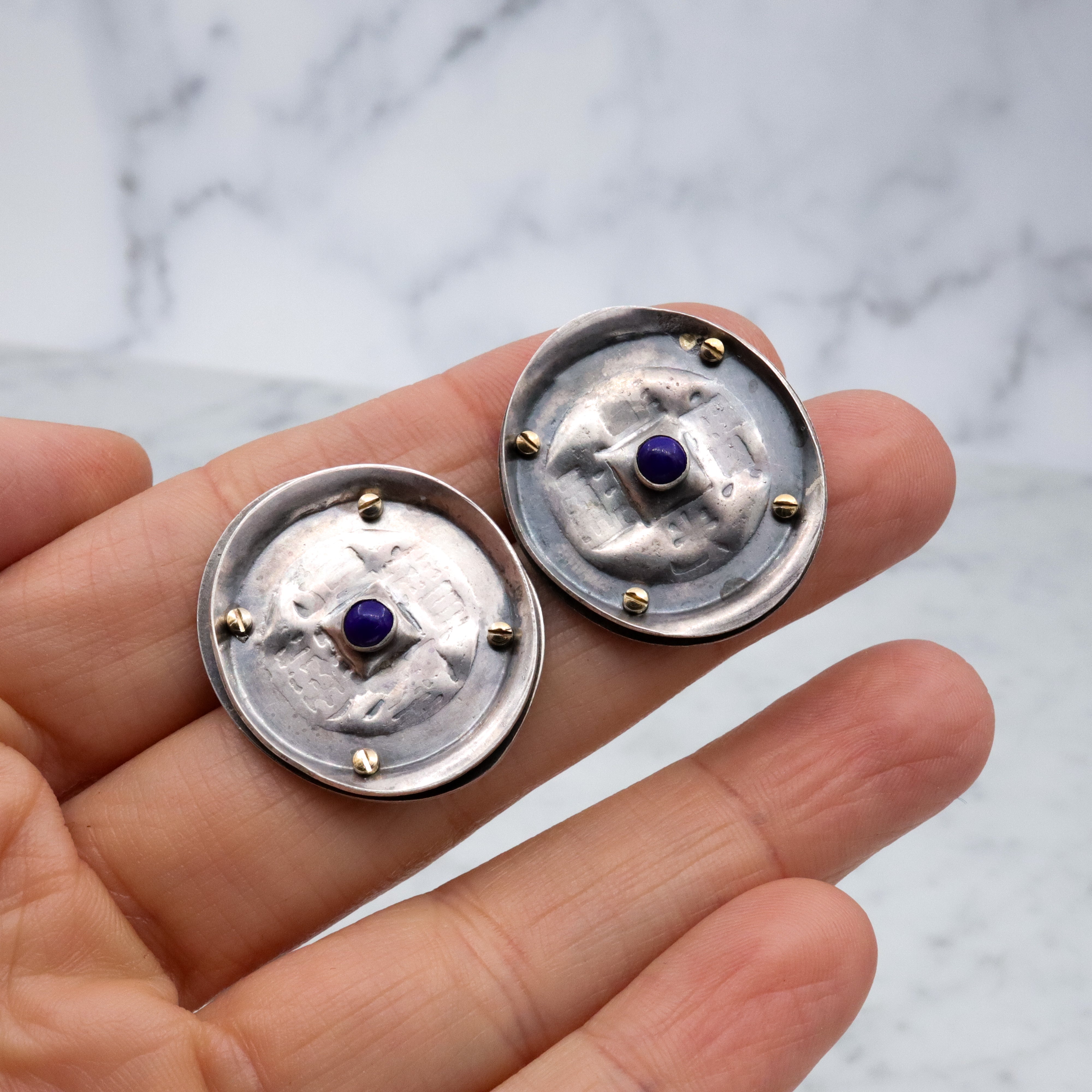 Vintage handmade Modernist sterling & lapis disc earrings with brass rivets