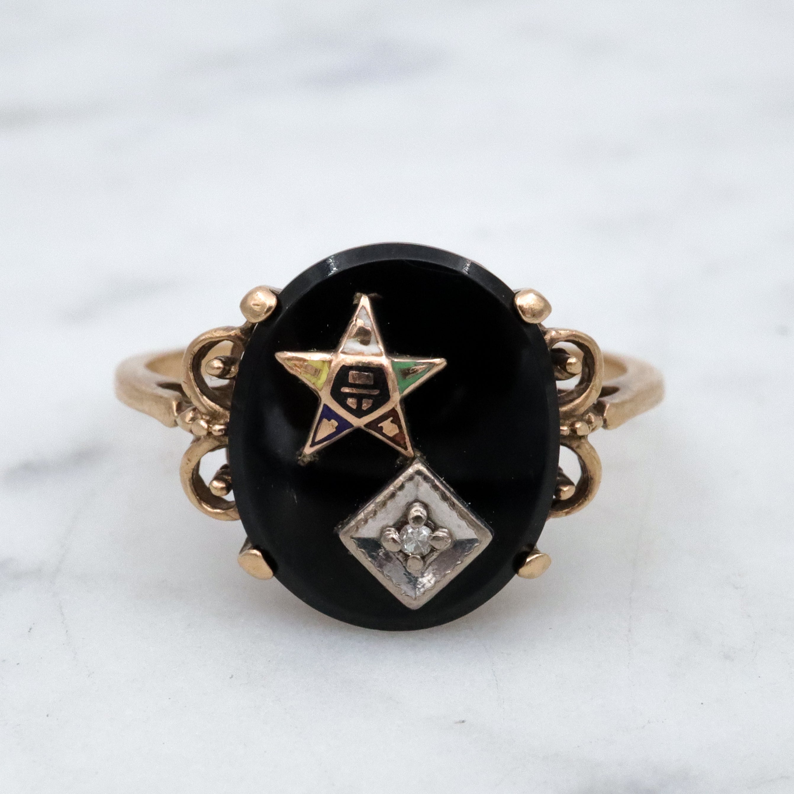 MCM 14k gold diamond Eastern Star onyx ring, size 9.5
