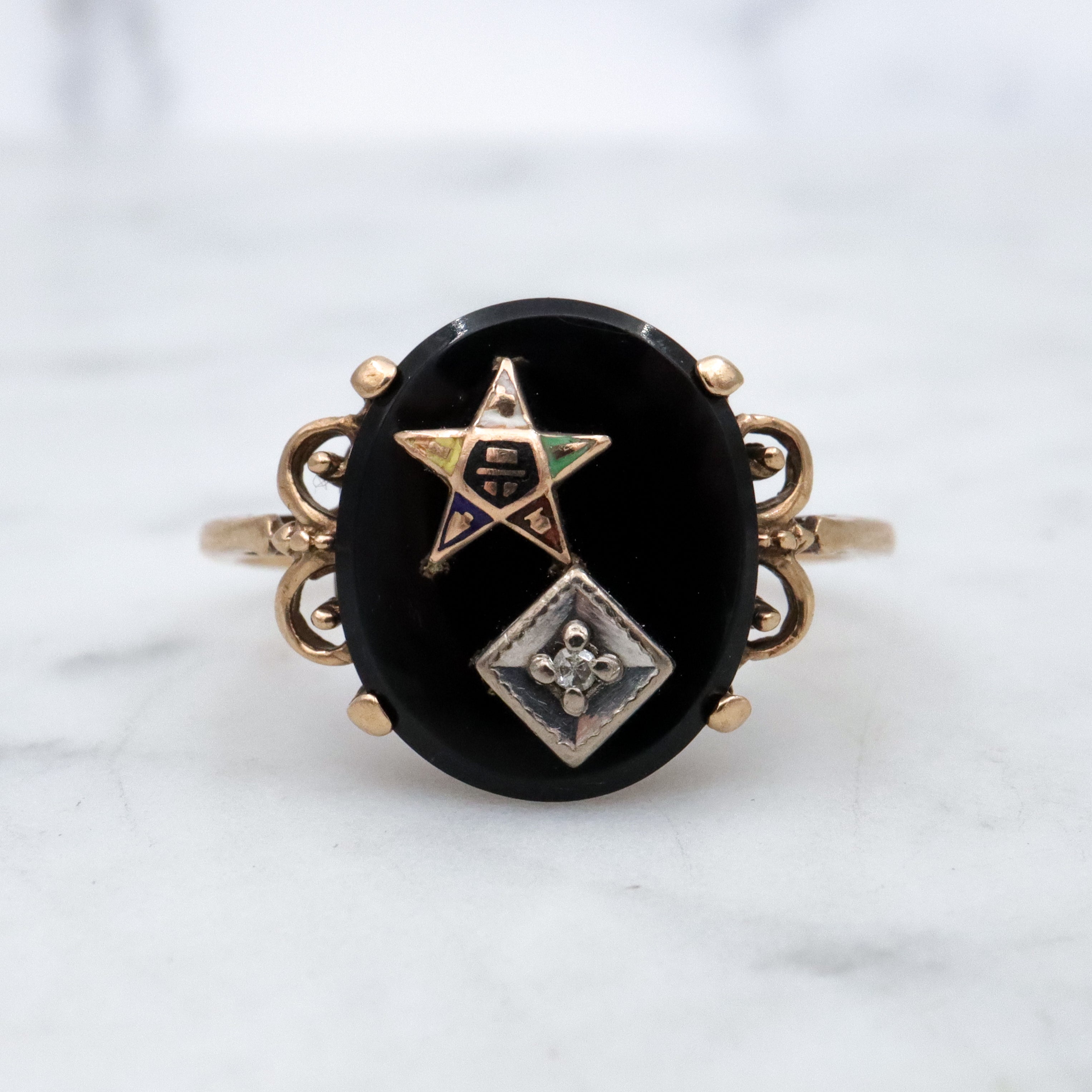 MCM 14k gold diamond Eastern Star onyx ring, size 9.5