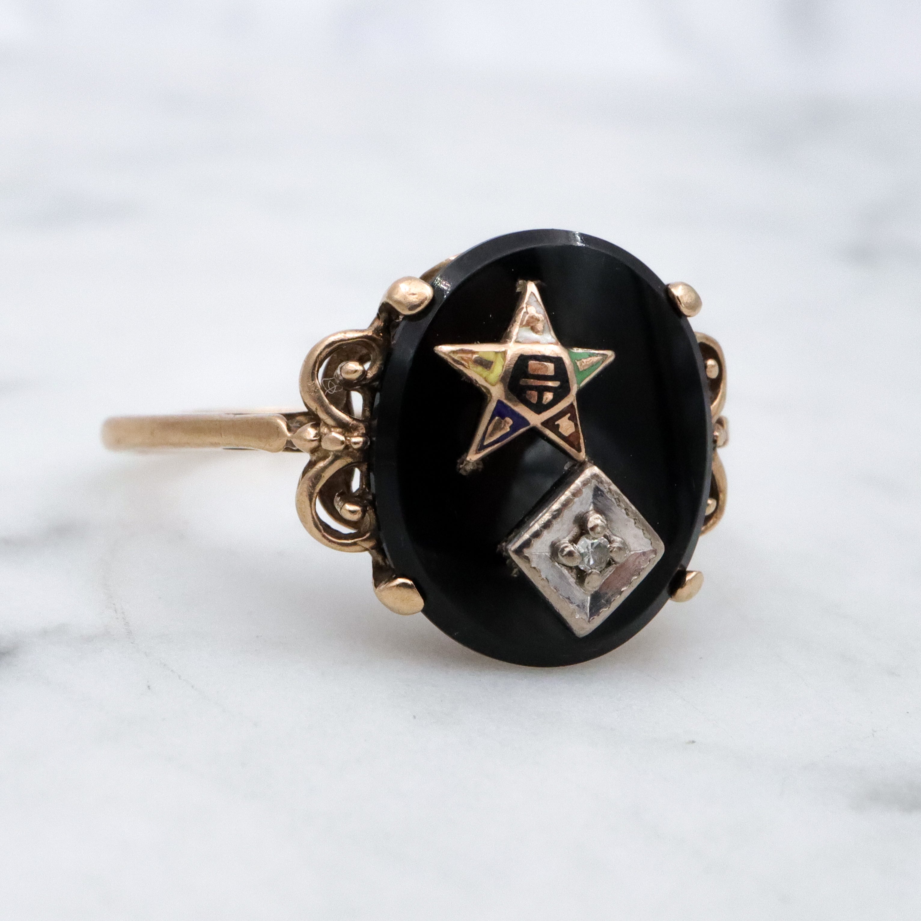 MCM 14k gold diamond Eastern Star onyx ring, size 9.5